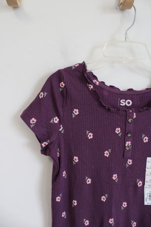 NEW SO Purple & Pink Floral Ribbed Ruffled Neck Shirt | Youth XL (14/16)