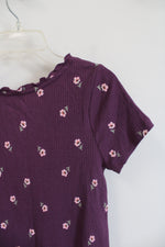 NEW SO Purple & Pink Floral Ribbed Ruffled Neck Shirt | Youth XL (14/16)