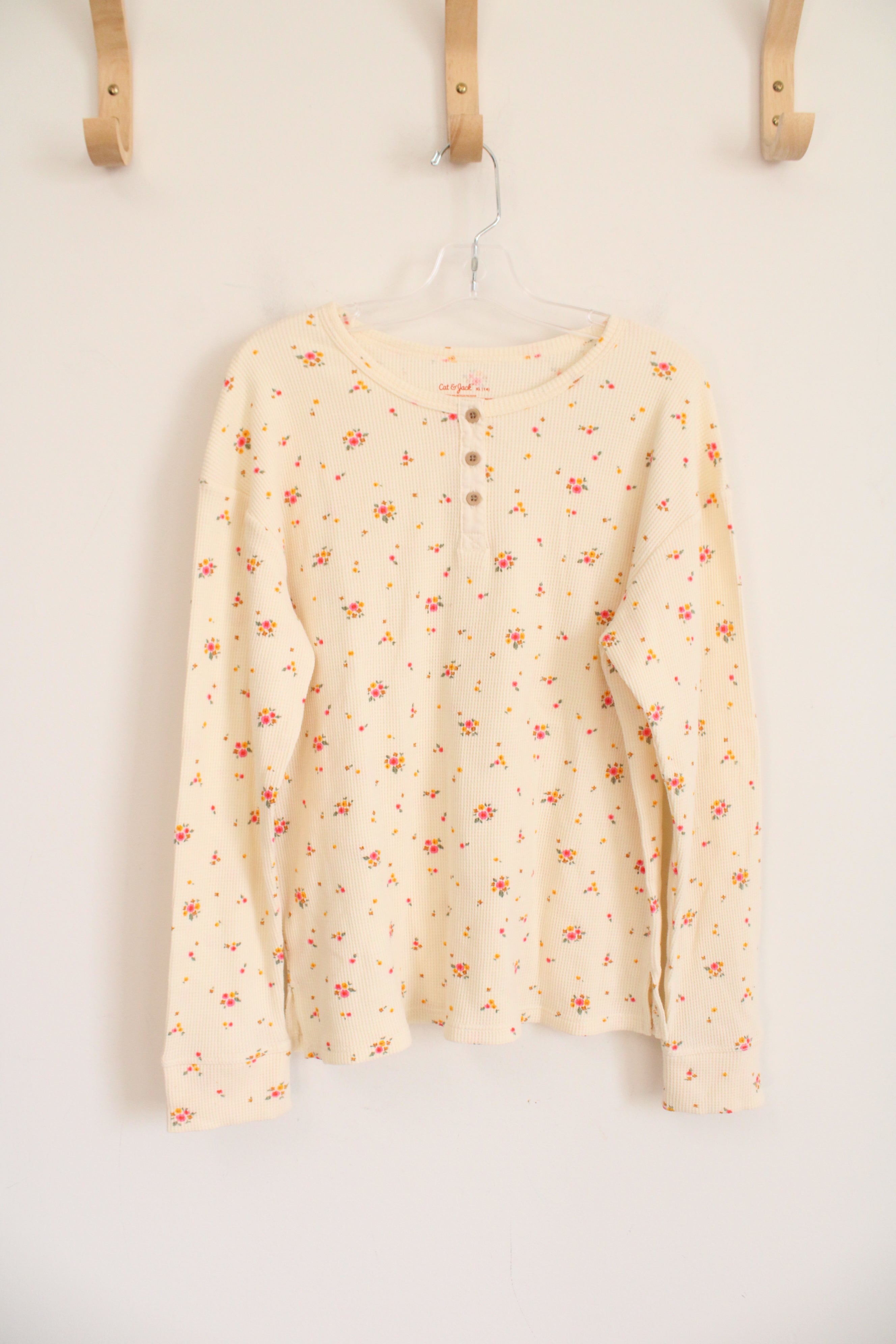 Cat & Jack Light Yellow Floral Waffle Knit Long Sleeved Shirt | Youth XL (14)