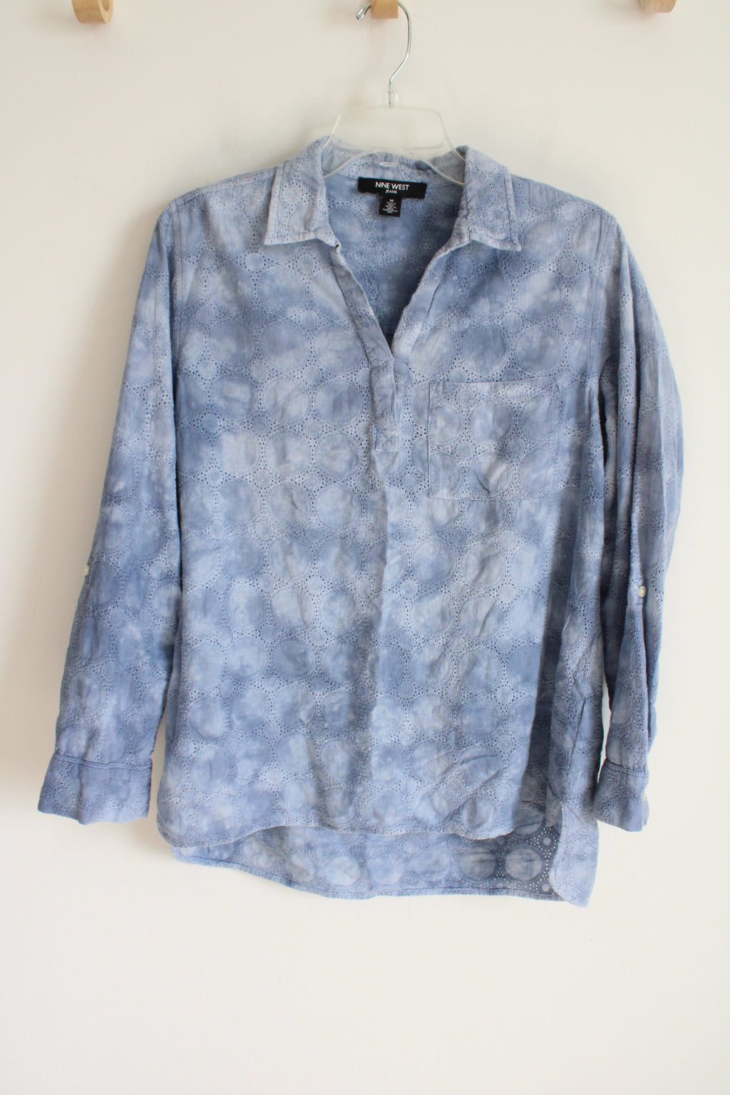 Nine West Light Blue Tie Dye Eyelet Long Sleeved Shirt | M