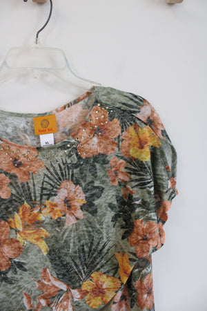 Ruby Rd. Green & Orange Floral Sequined Top | XL