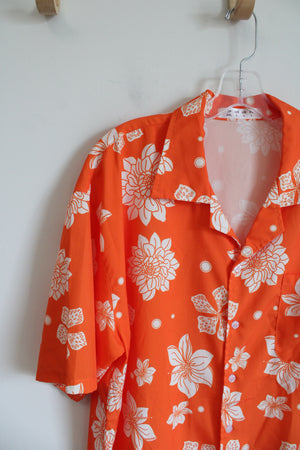 Bright Orange & White Hawaiian Button Down Shirt | L