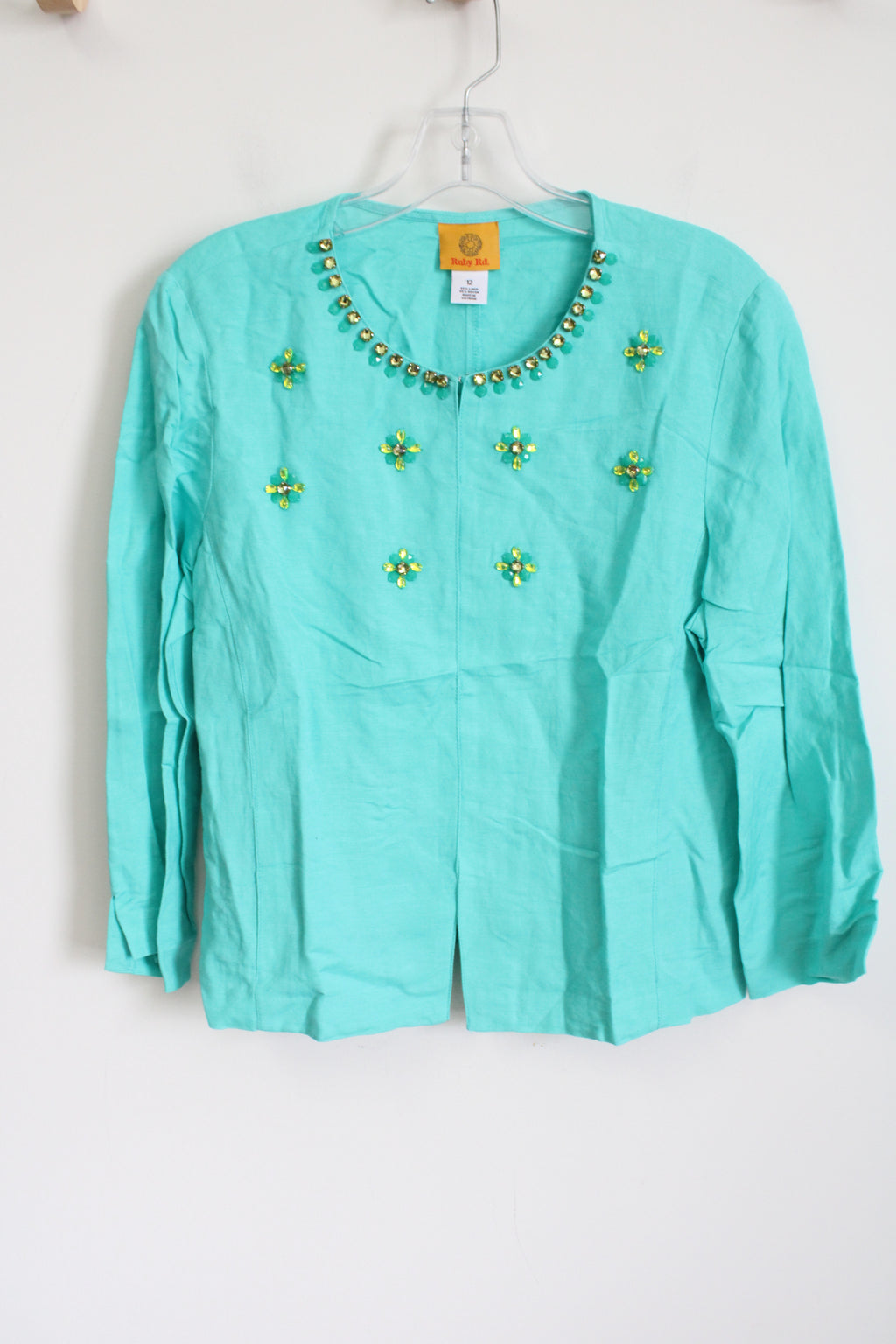 Ruby Rd. Turquoise Blue Linen Beaded Hook Button Top | 12