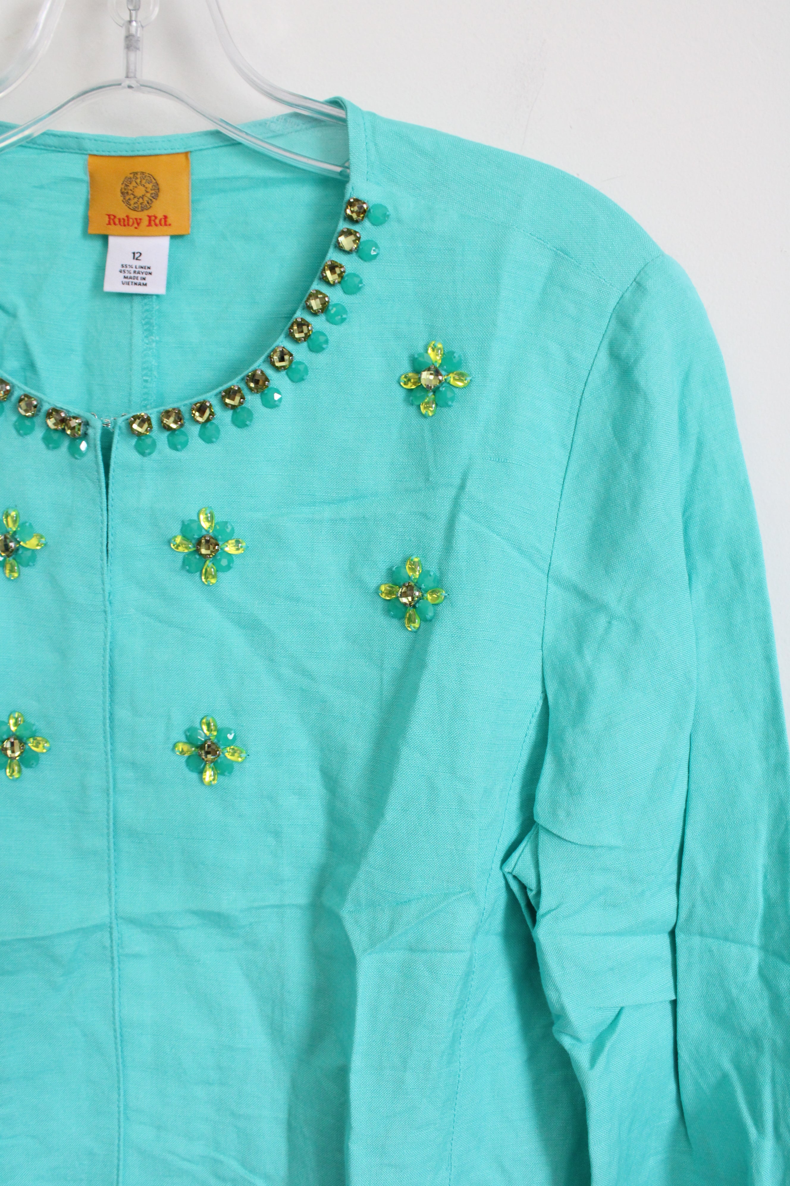 Ruby Rd. Turquoise Blue Linen Beaded Hook Button Top | 12