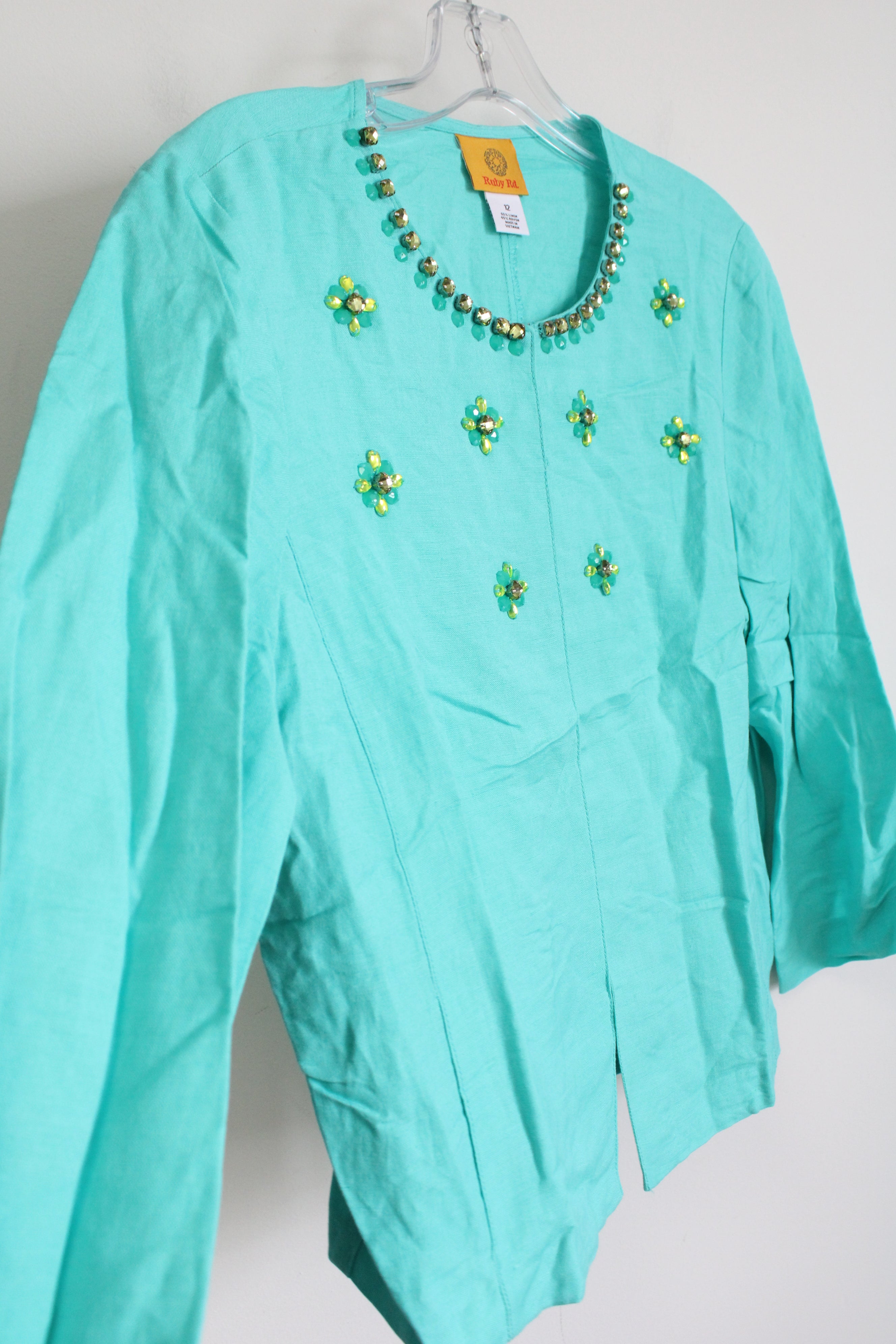 Ruby Rd. Turquoise Blue Linen Beaded Hook Button Top | 12