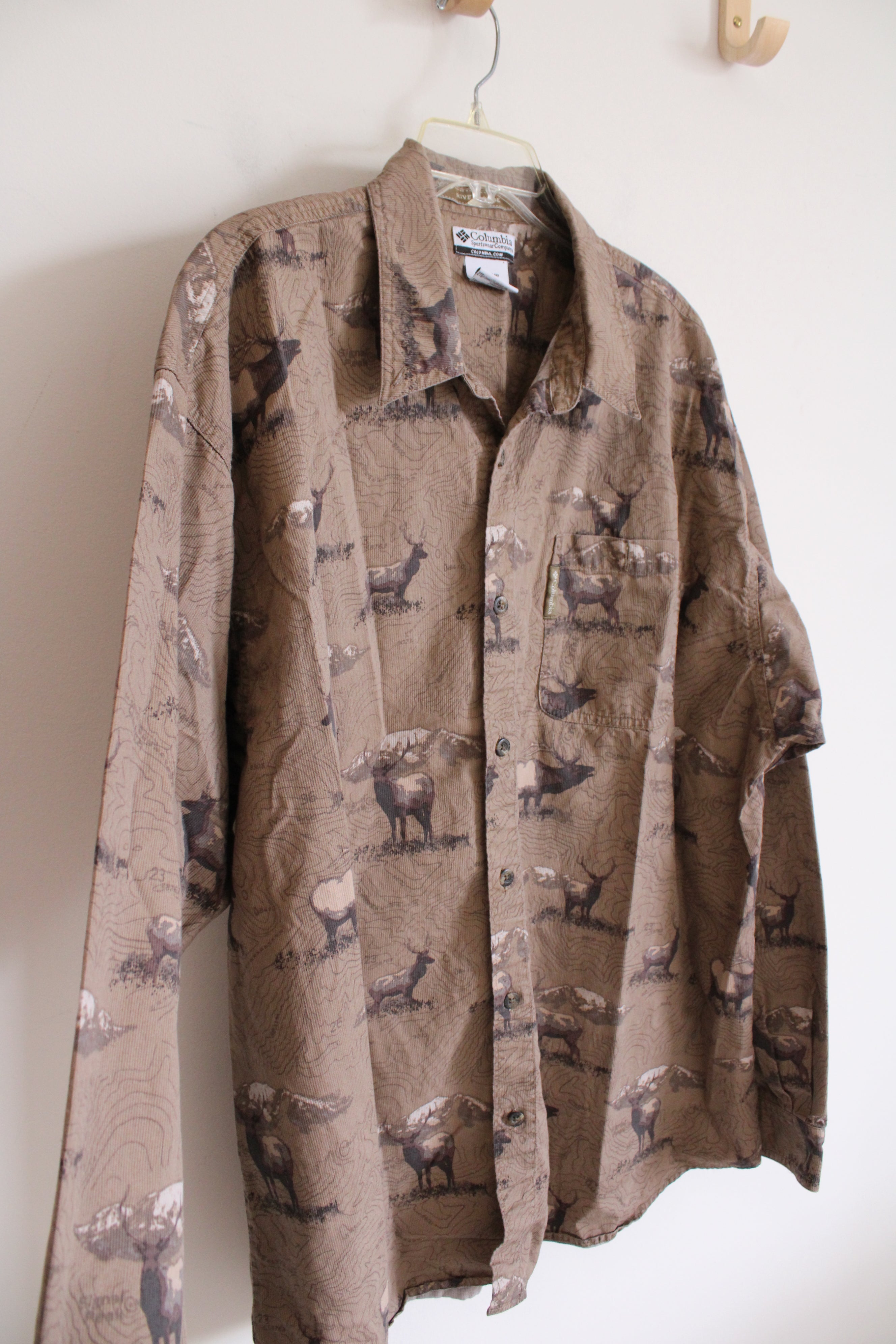 Columbia Brown Moose Patterned Long Sleeved Button Down Shirt | XXL