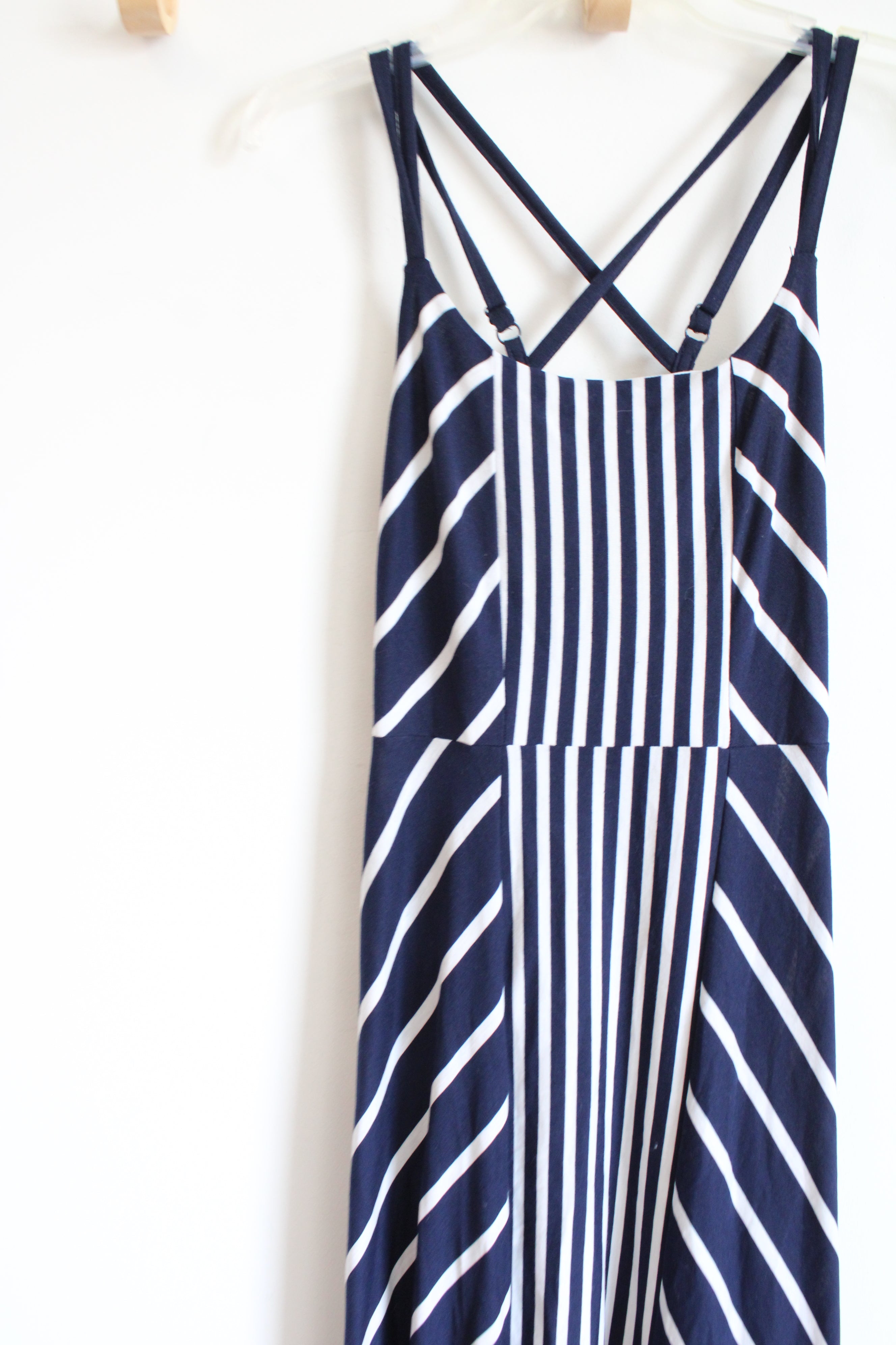 Maurices Navy & White Striped Cross Strapped Back Maxi Dress | M