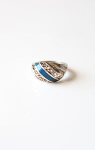 Dark Navy Blue Striped Sterling Silver Ring | Size 9