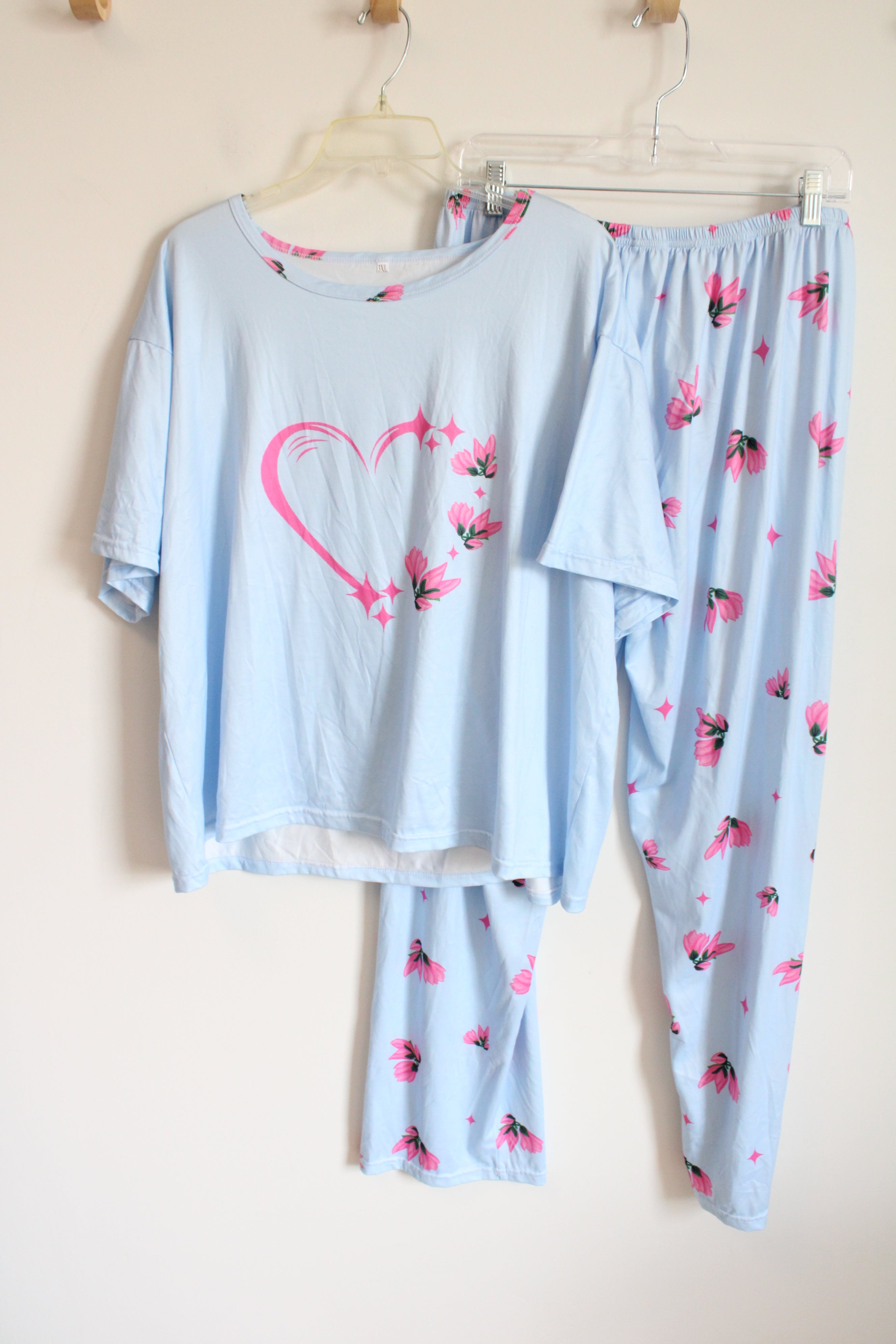 Light Blue Pink Floral & Heart Top & Pants Set | 3XL