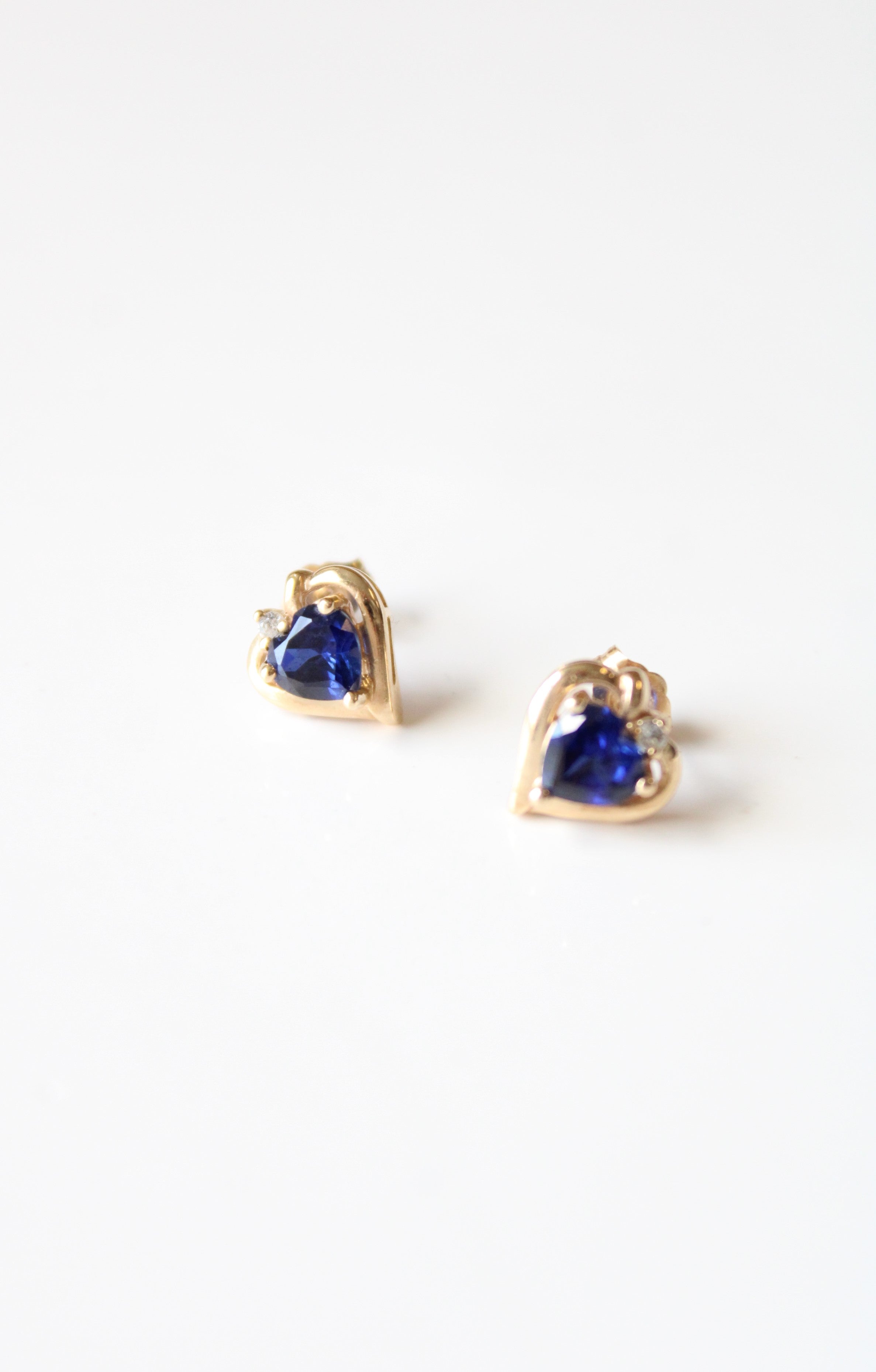 Blue Sapphire 10K Yellow Gold Heart Stud Earrings