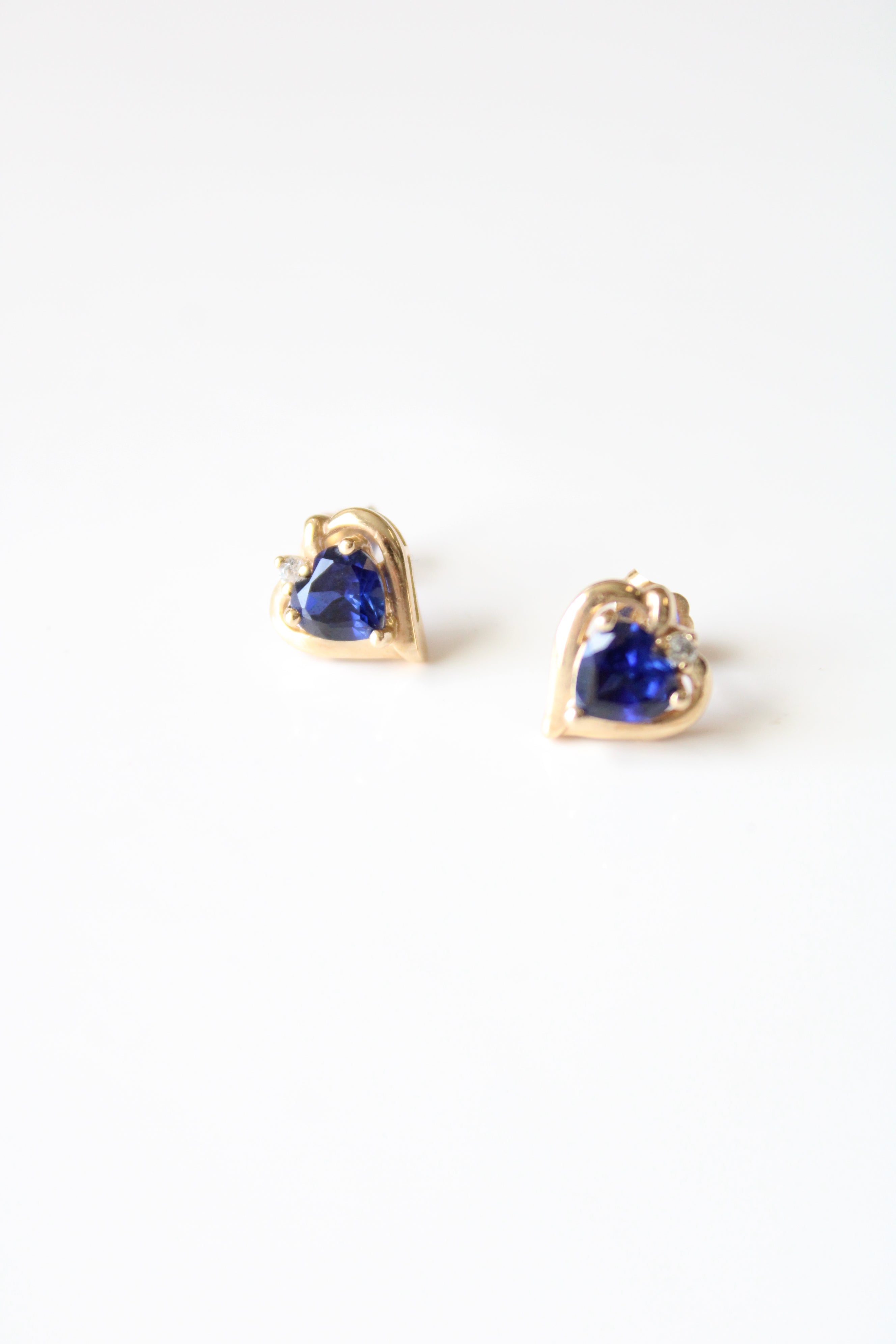 Blue Sapphire 10K Yellow Gold Heart Stud Earrings