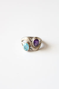 Oval Bezel Set Amethyst & Blue Topaz Sterling Silver Ring | Size 9