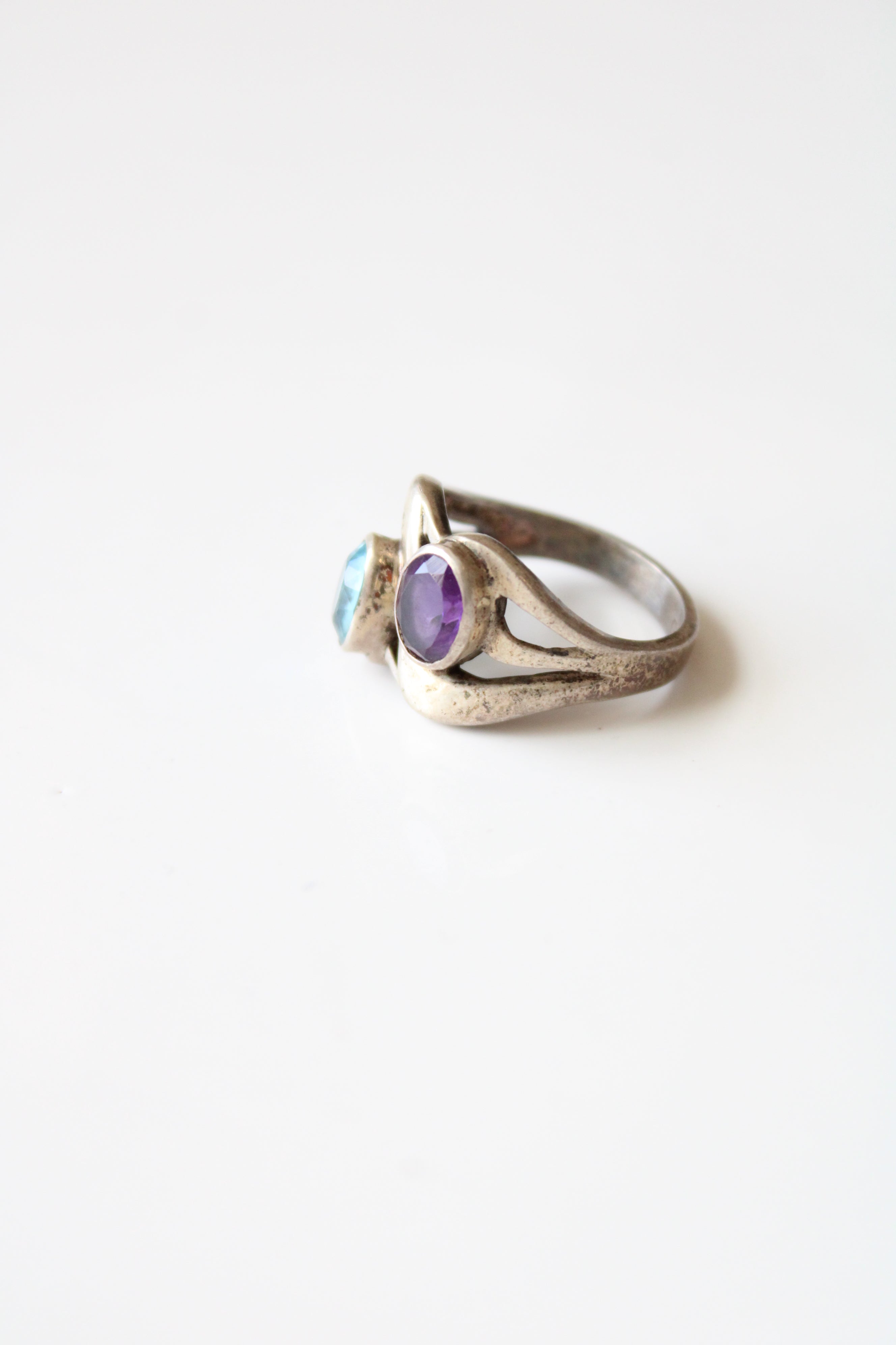 Oval Bezel Set Amethyst & Blue Topaz Sterling Silver Ring | Size 9