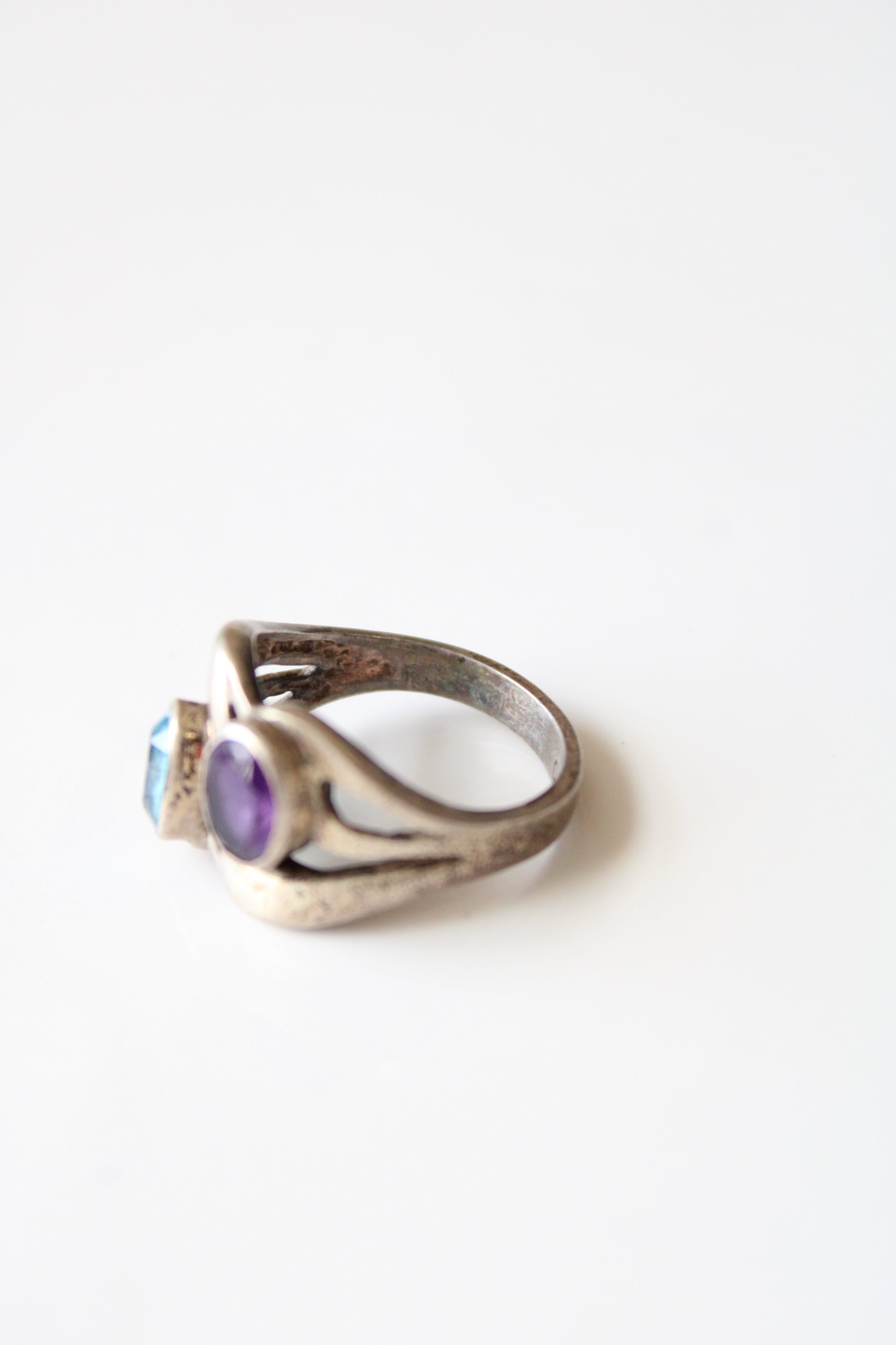 Oval Bezel Set Amethyst & Blue Topaz Sterling Silver Ring | Size 9