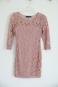 Crystal Doll Pink Lace Overlay Long Sleeved Dress | S