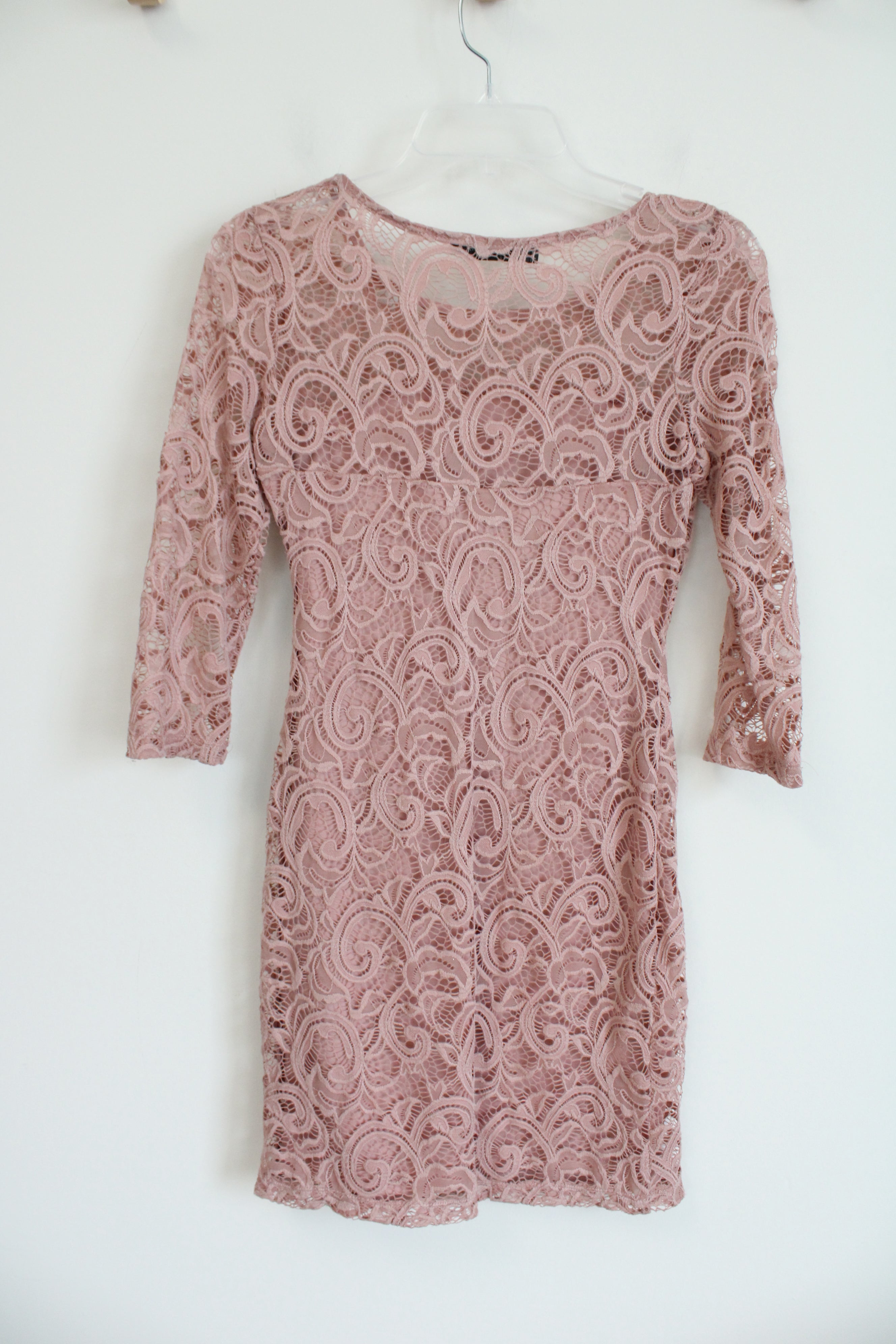 Crystal Doll Pink Lace Overlay Long Sleeved Dress | S