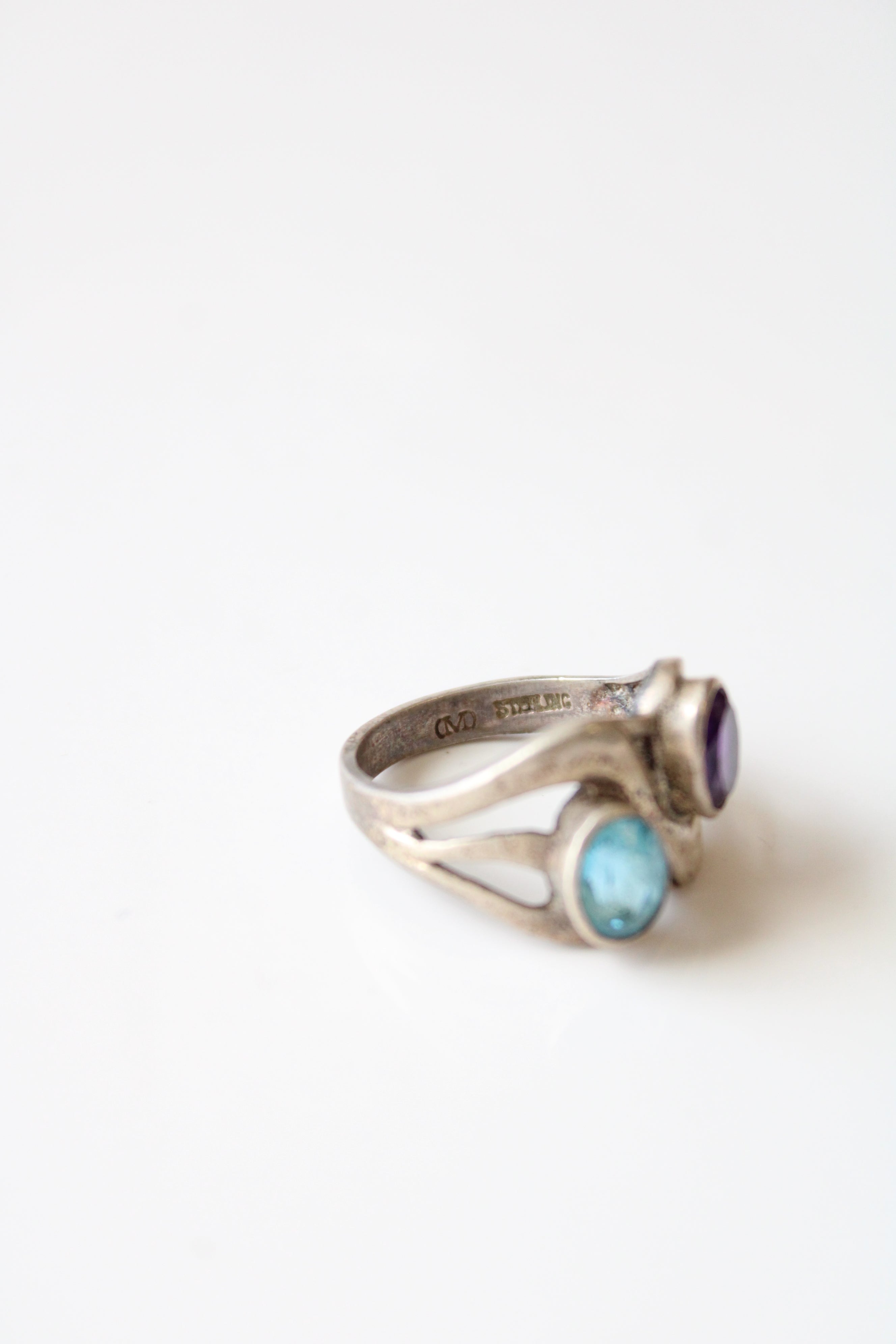 Oval Bezel Set Amethyst & Blue Topaz Sterling Silver Ring | Size 9