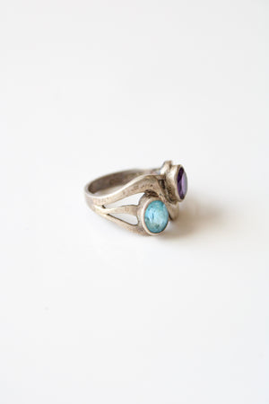 Oval Bezel Set Amethyst & Blue Topaz Sterling Silver Ring | Size 9