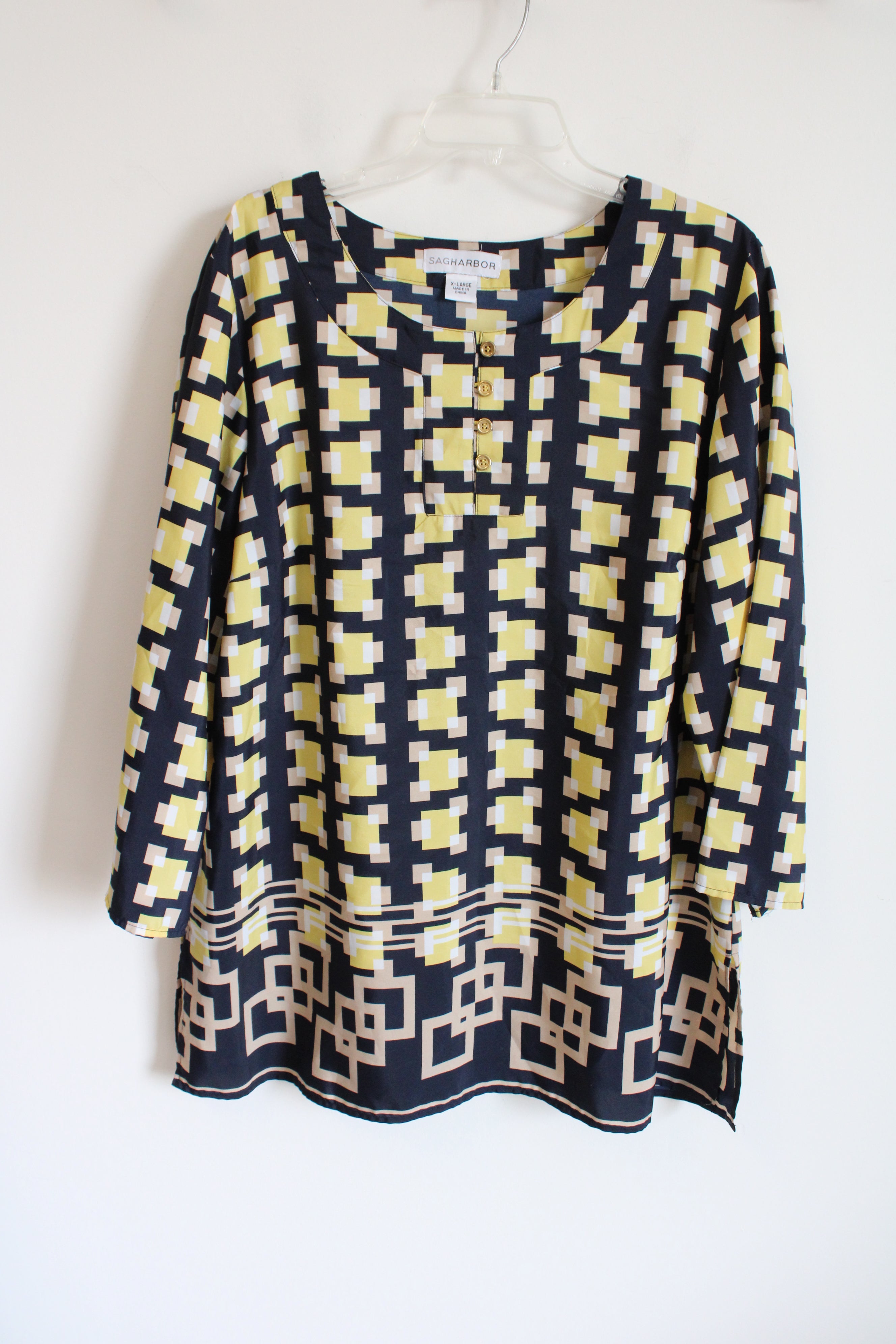 Sag Harbor Yellow & Tan Squared Patterned Black Top | XL