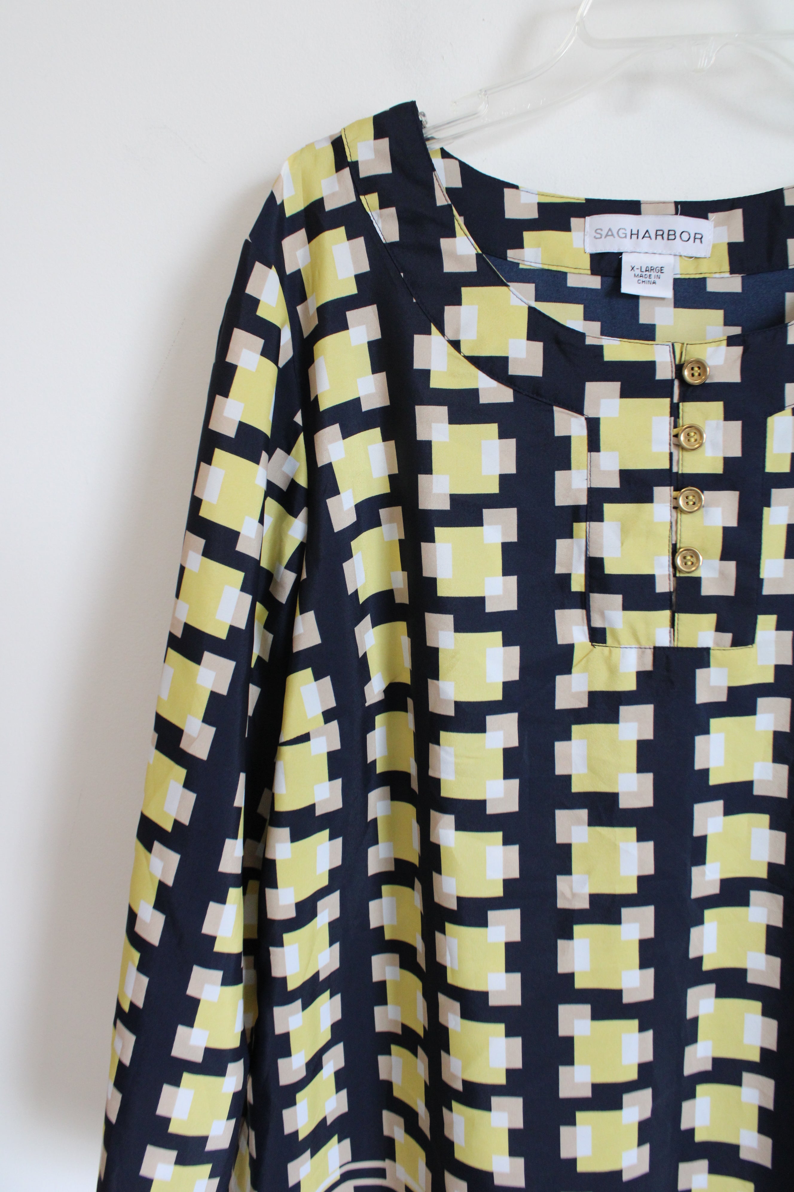 Sag Harbor Yellow & Tan Squared Patterned Black Top | XL