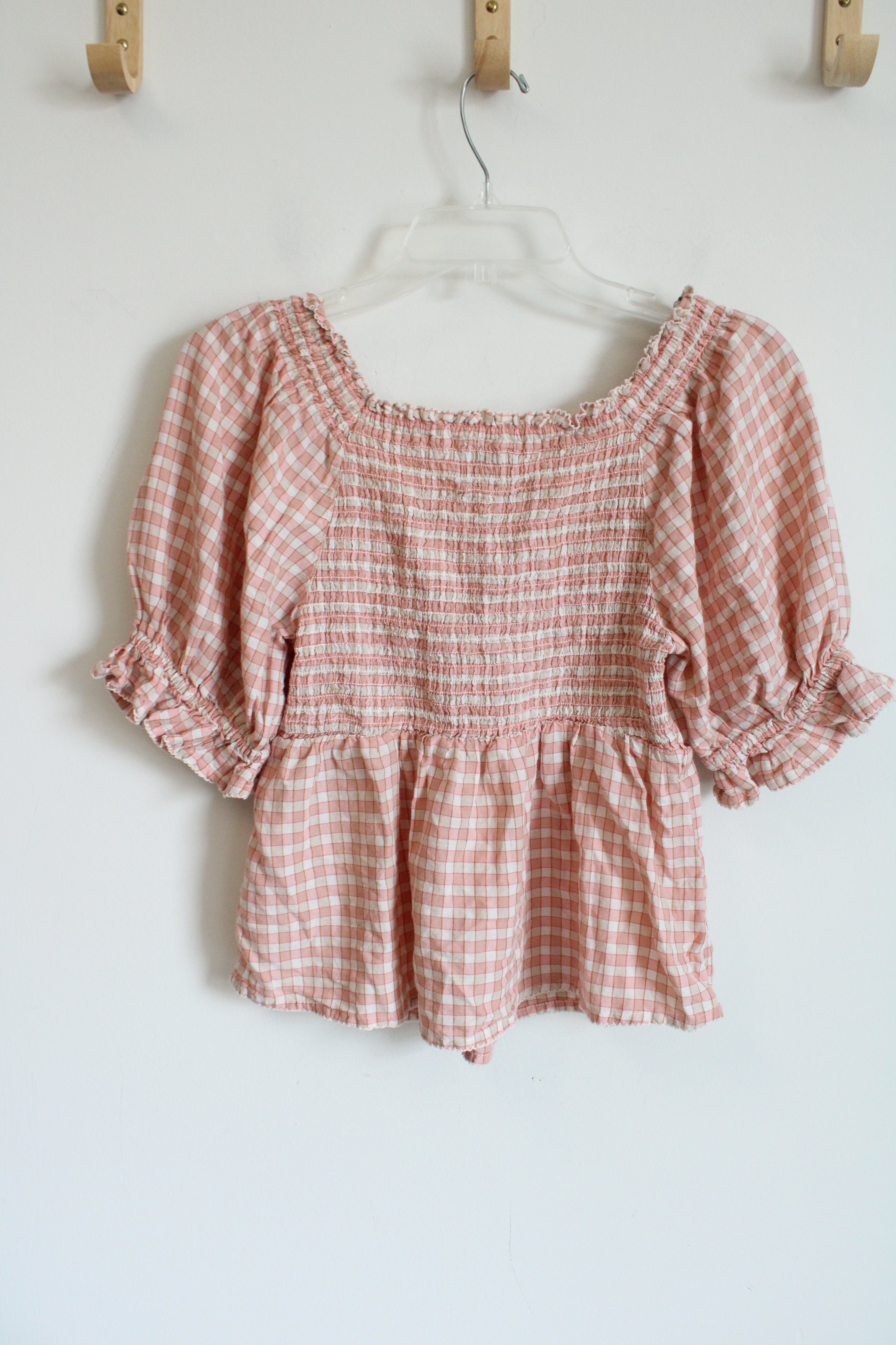 Old Navy Pink Plaid Puff Sleeve Top | S