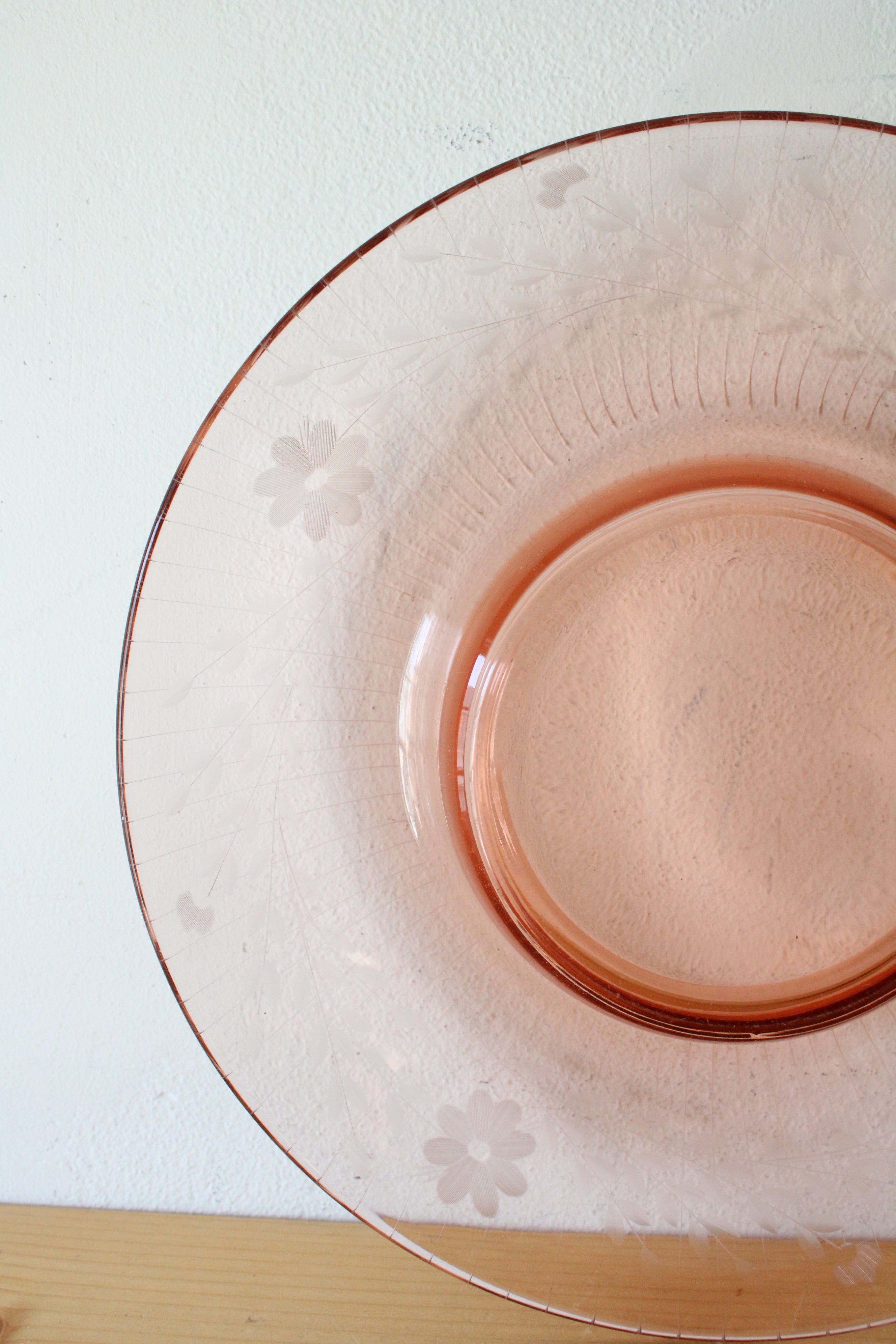 Pink Depression Glass Flower Etched Console Bowl