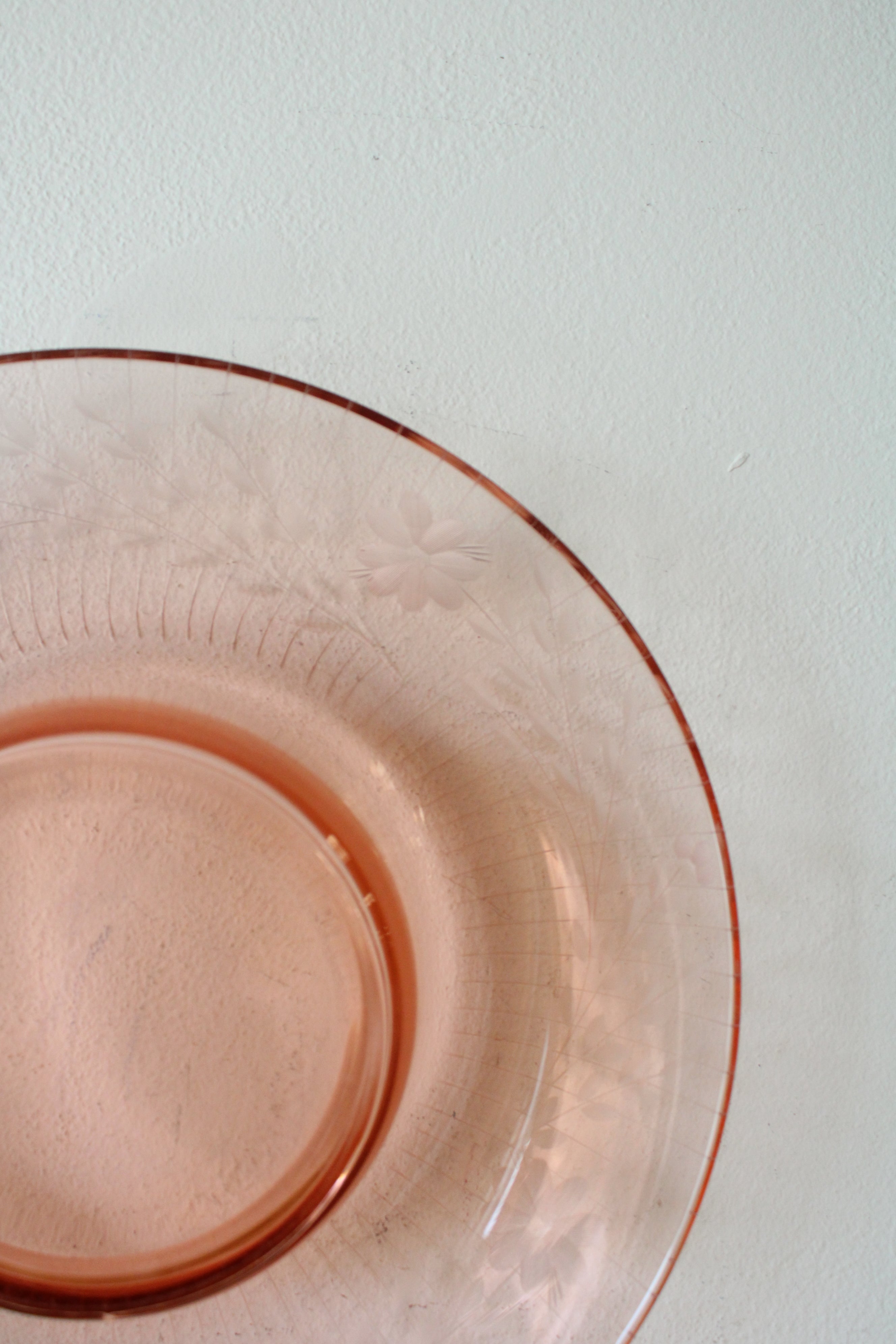 Pink Depression Glass Flower Etched Console Bowl