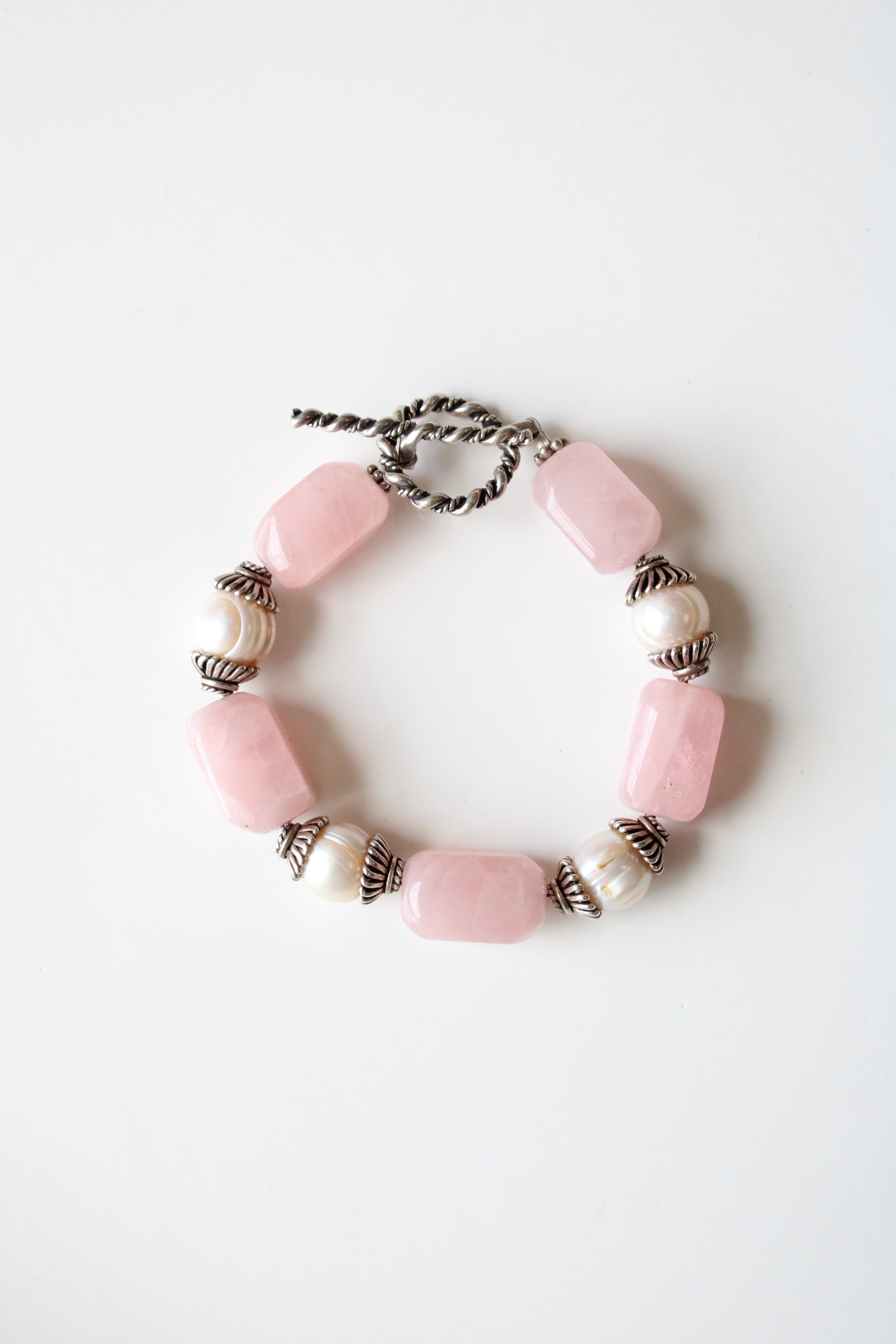 Pink Quartz Genuine Ivory Pearl Beaded Sterling Silver Toggle Clasp Chunky Bracelet