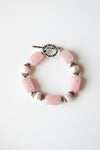 Pink Quartz Genuine Ivory Pearl Beaded Sterling Silver Toggle Clasp Chunky Bracelet