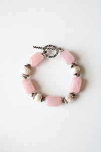 Pink Quartz Genuine Ivory Pearl Beaded Sterling Silver Toggle Clasp Chunky Bracelet