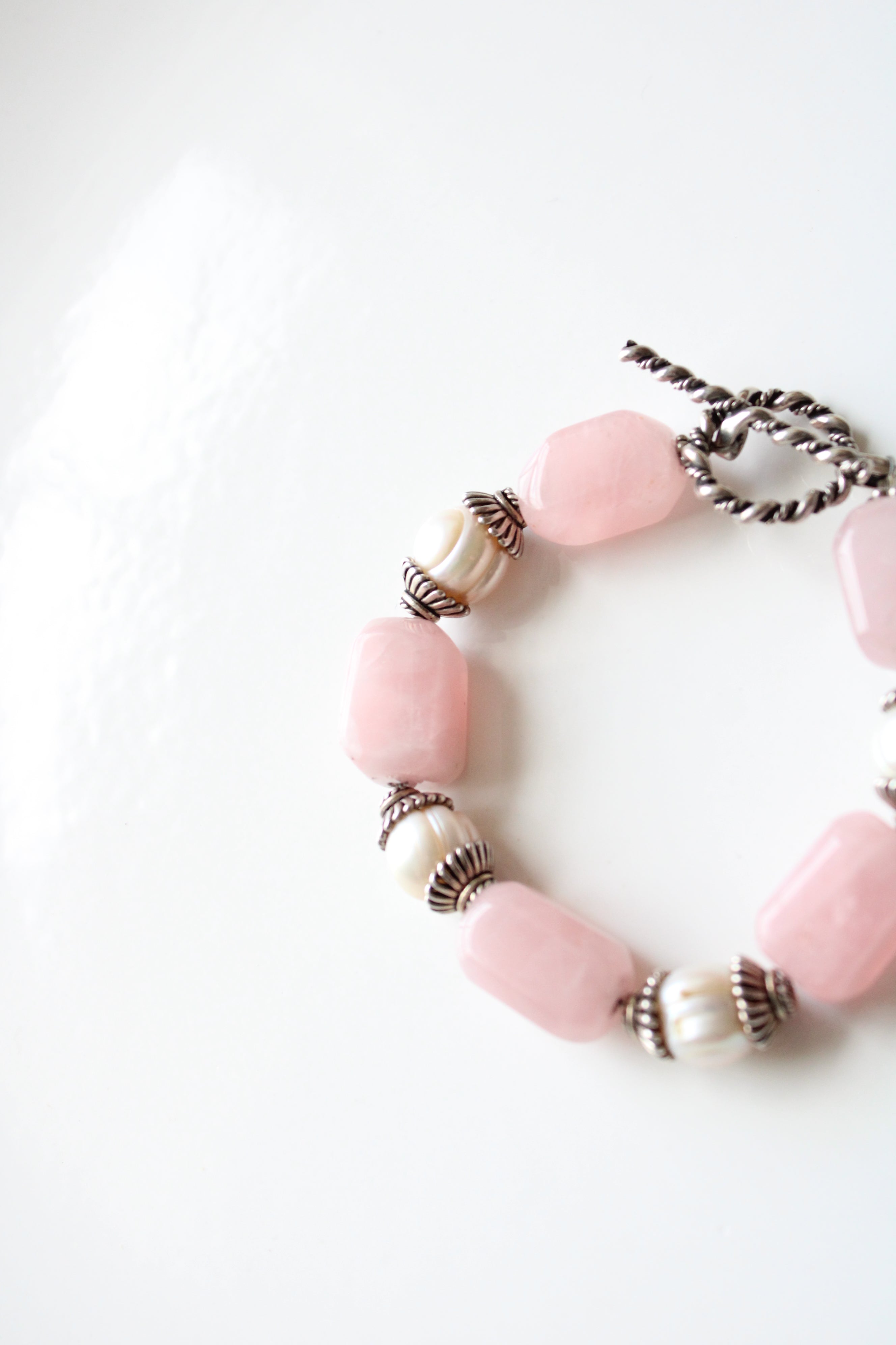 Pink Quartz Genuine Ivory Pearl Beaded Sterling Silver Toggle Clasp Chunky Bracelet