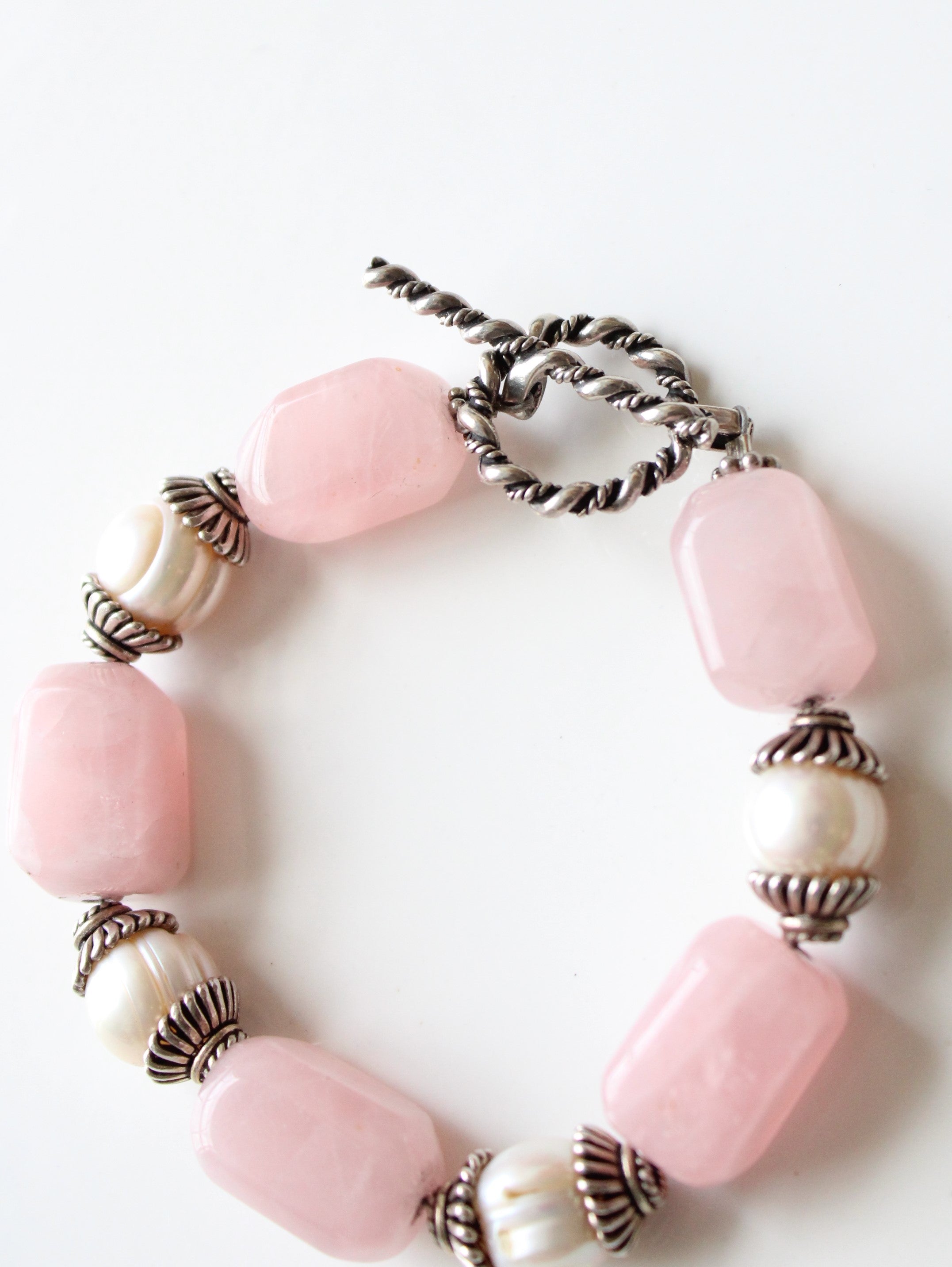 Pink Quartz Genuine Ivory Pearl Beaded Sterling Silver Toggle Clasp Chunky Bracelet