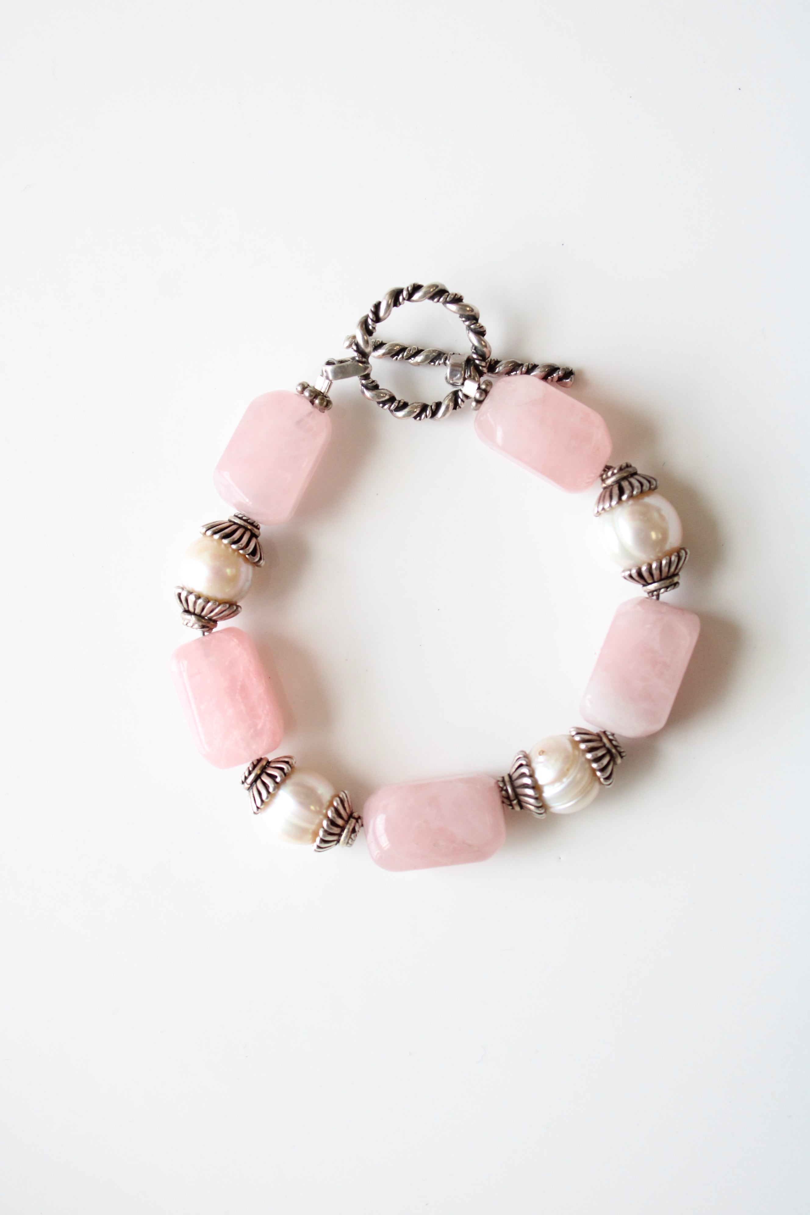 Pink Quartz Genuine Ivory Pearl Beaded Sterling Silver Toggle Clasp Chunky Bracelet