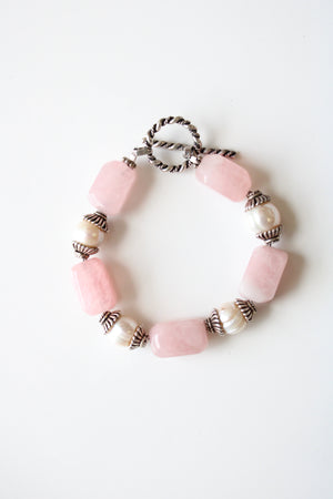 Pink Quartz Genuine Ivory Pearl Beaded Sterling Silver Toggle Clasp Chunky Bracelet