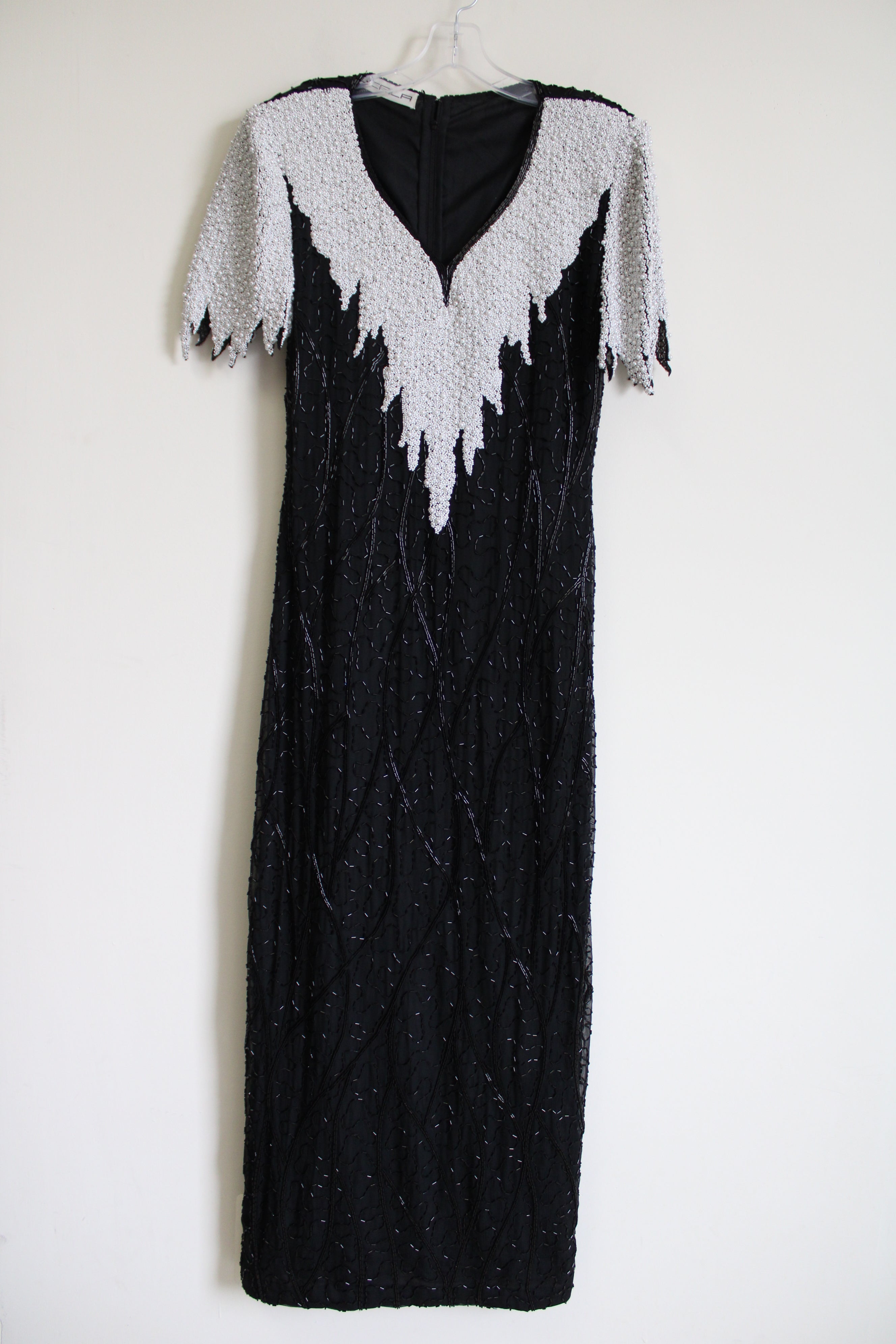 Vintage Scala Beaded Silk Gown Black White Dress