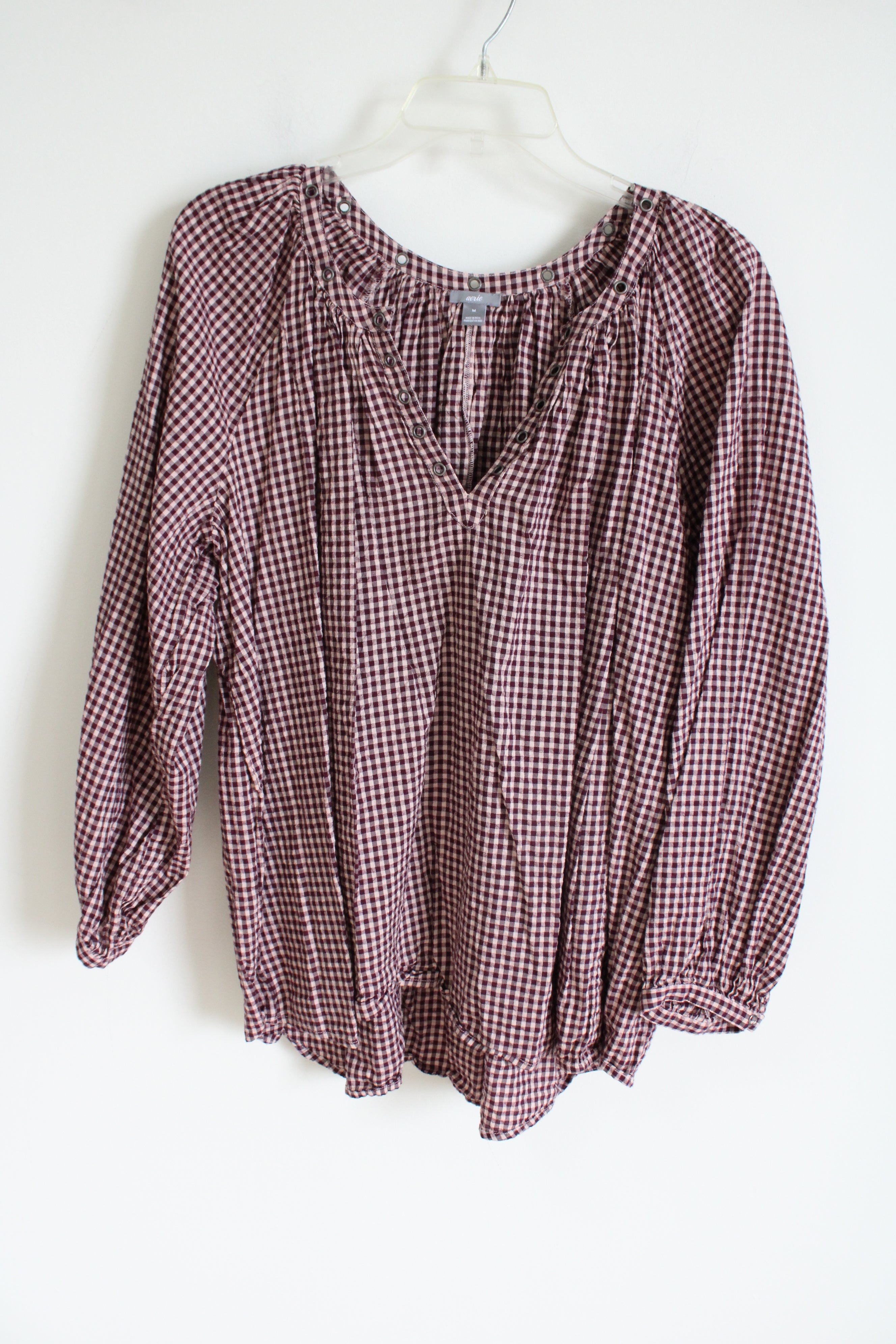 Aerie Burgundy Gingham Long sleeved Top | M