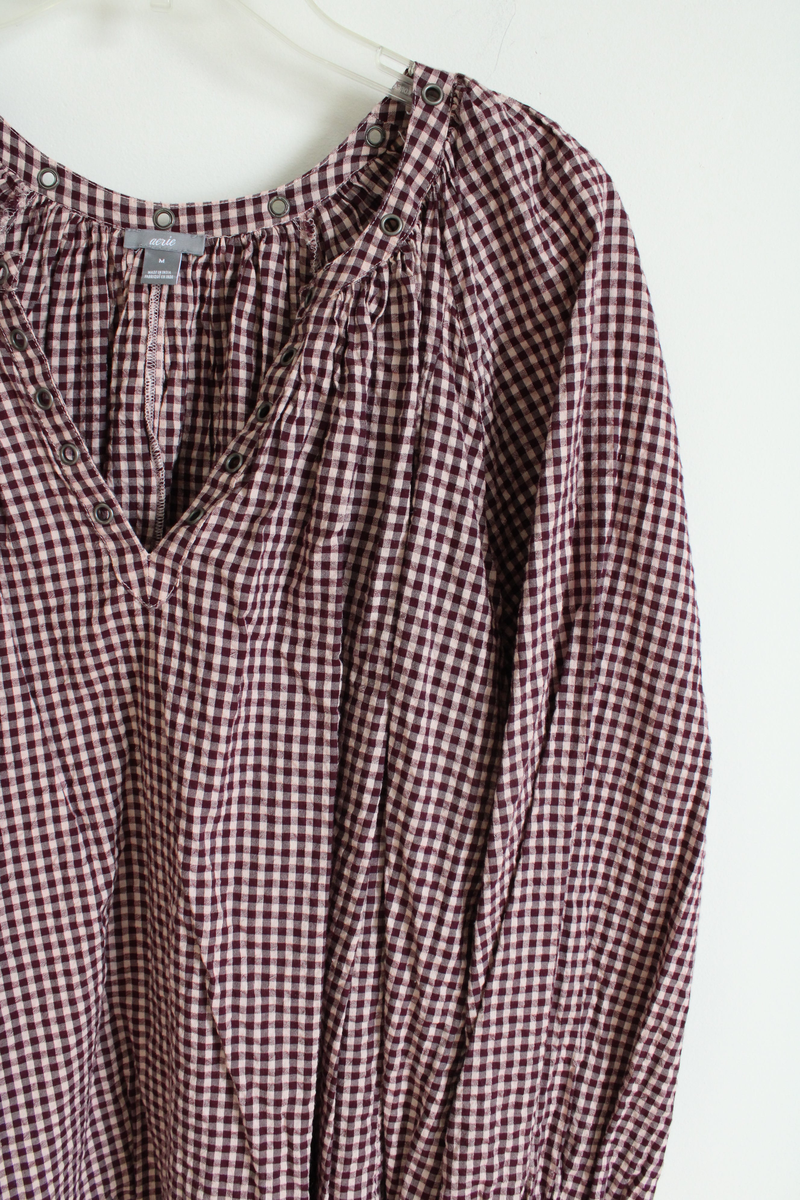 Aerie Burgundy Gingham Long sleeved Top | M