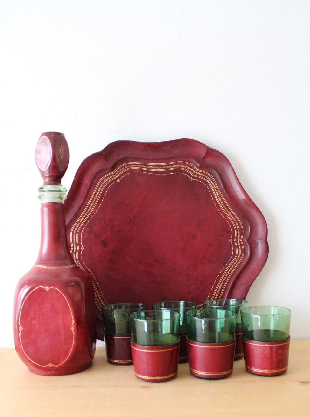 Vintage Italy Made Genuine Calf Leather Red & Gold Decanter Serving Tray & Glasses Set