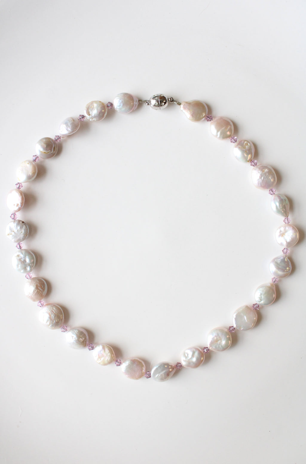 Genuine White Coin Pearl Pink Crystal Beaded Statement Necklace