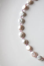 Genuine White Coin Pearl Pink Crystal Beaded Statement Necklace