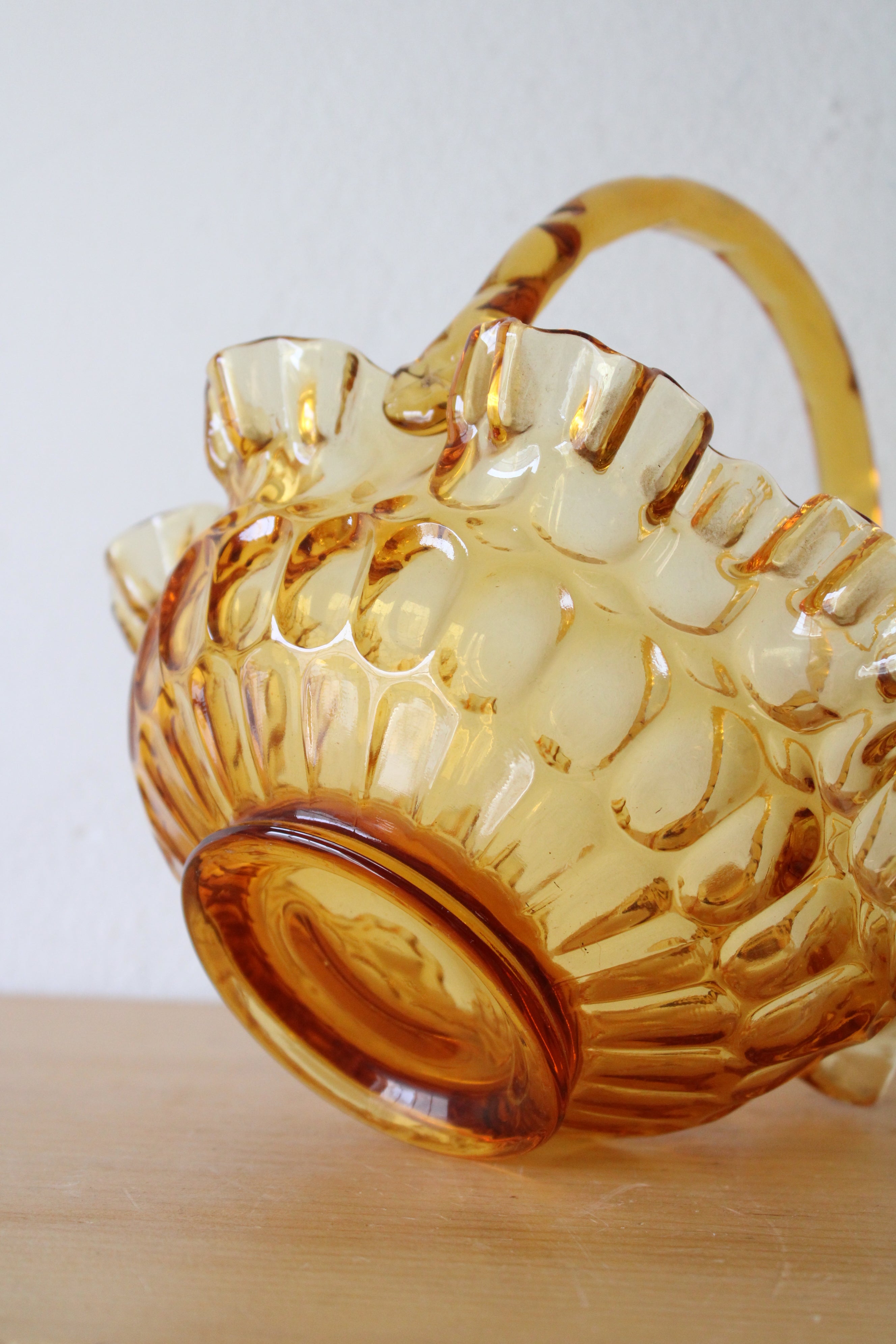 Fenton Thumbprint Scalloped Edged Amber Glass Basket