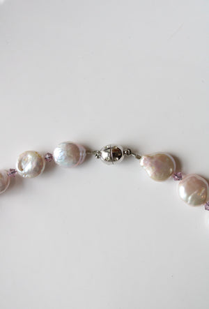 Genuine White Coin Pearl Pink Crystal Beaded Statement Necklace