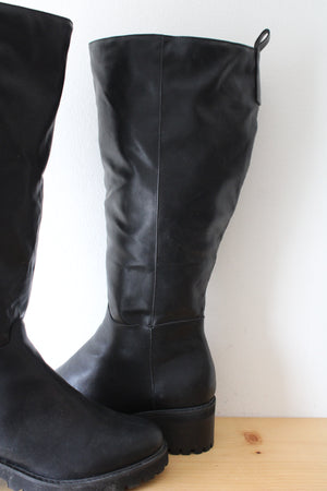 Lane Bryant Knee High Chunky Heeled Black Leather Boots | Size 10W