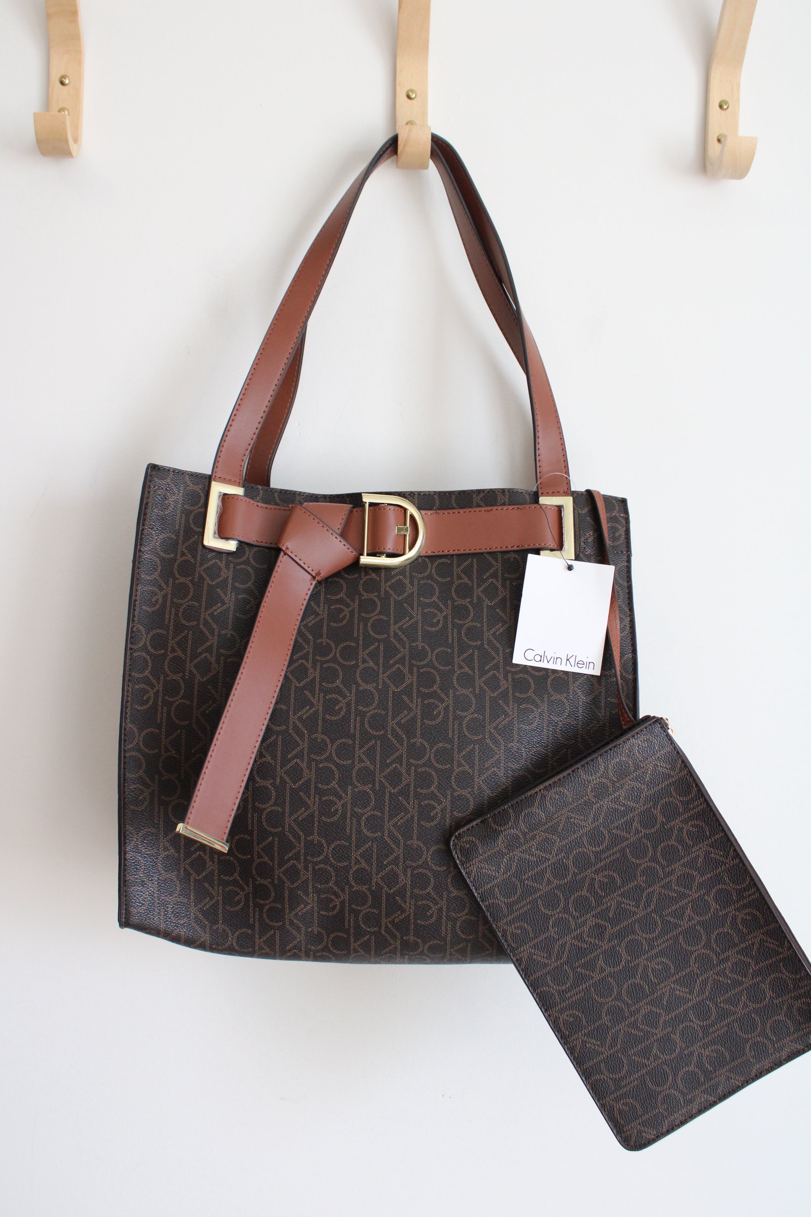 NEW Calvin Klein Large Brown Monogram Tied Belt Tote & Zipper Pouch