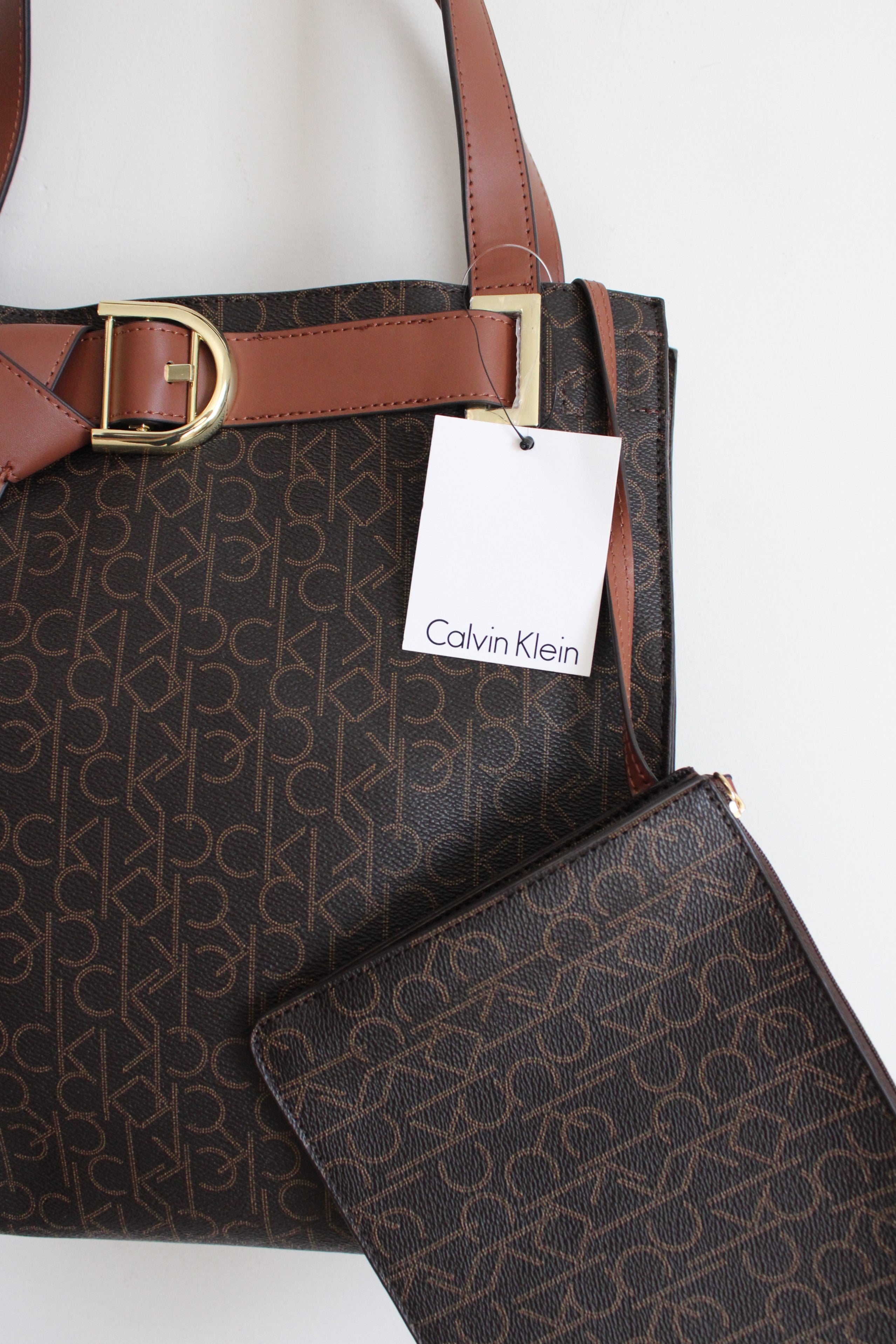 NEW Calvin Klein Large Brown Monogram Tied Belt Tote & Zipper Pouch