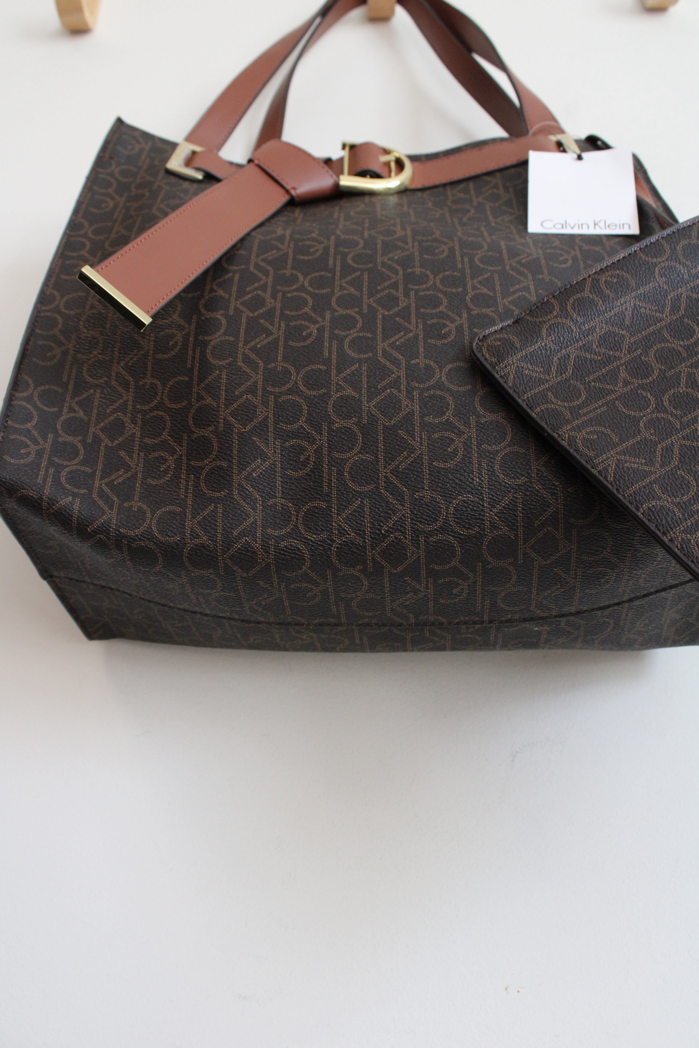 NEW Calvin Klein Large Brown Monogram Tied Belt Tote & Zipper Pouch