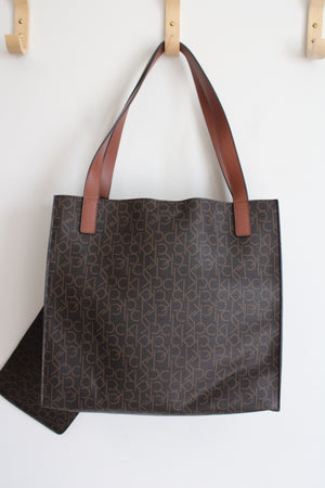 NEW Calvin Klein Large Brown Monogram Tied Belt Tote & Zipper Pouch