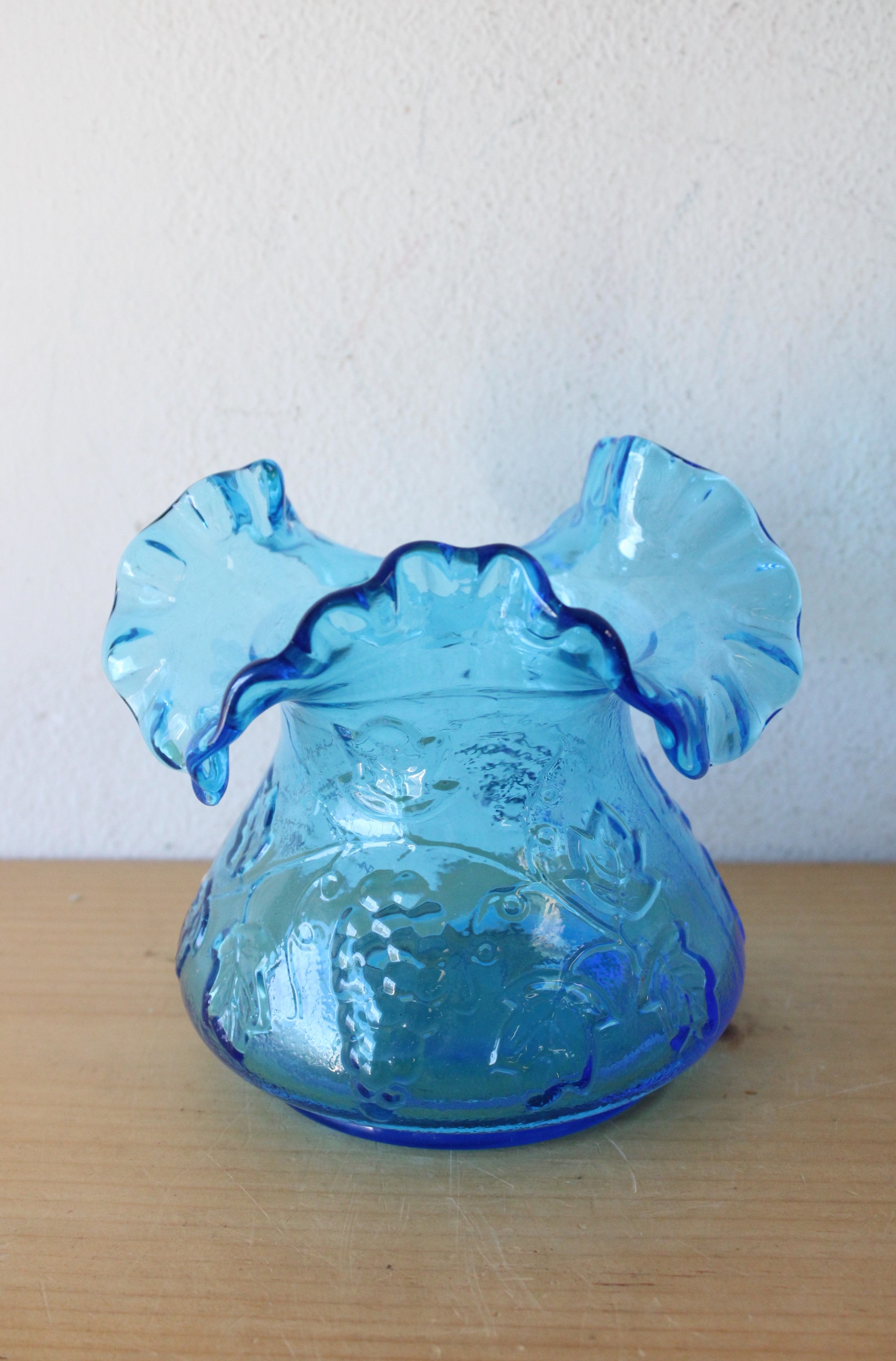 Kanawa Vintage Blue Hand Blown Glass Ruffle Rim Vase | 5"