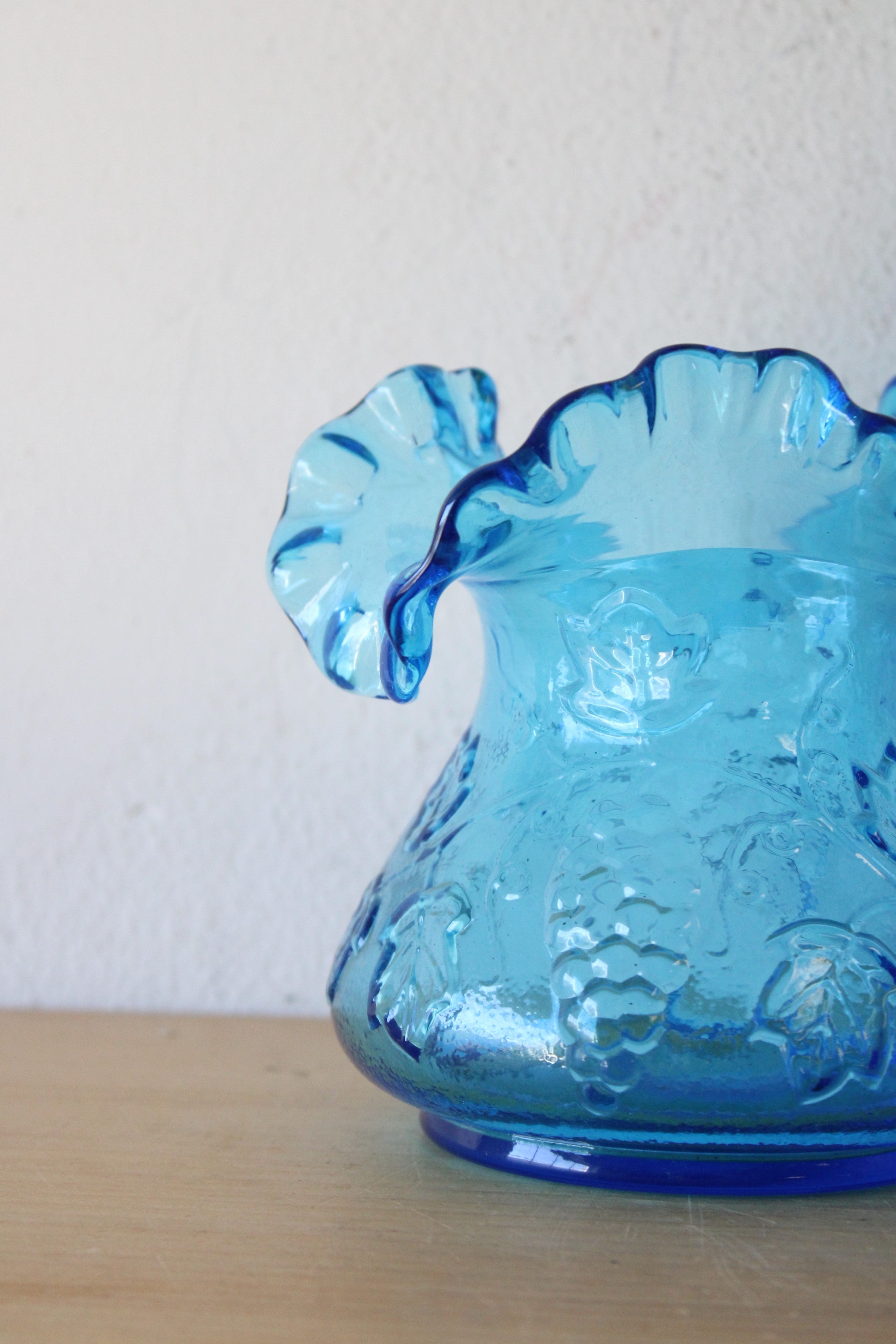 Kanawa Vintage Blue Hand Blown Glass Ruffle Rim Vase | 5"