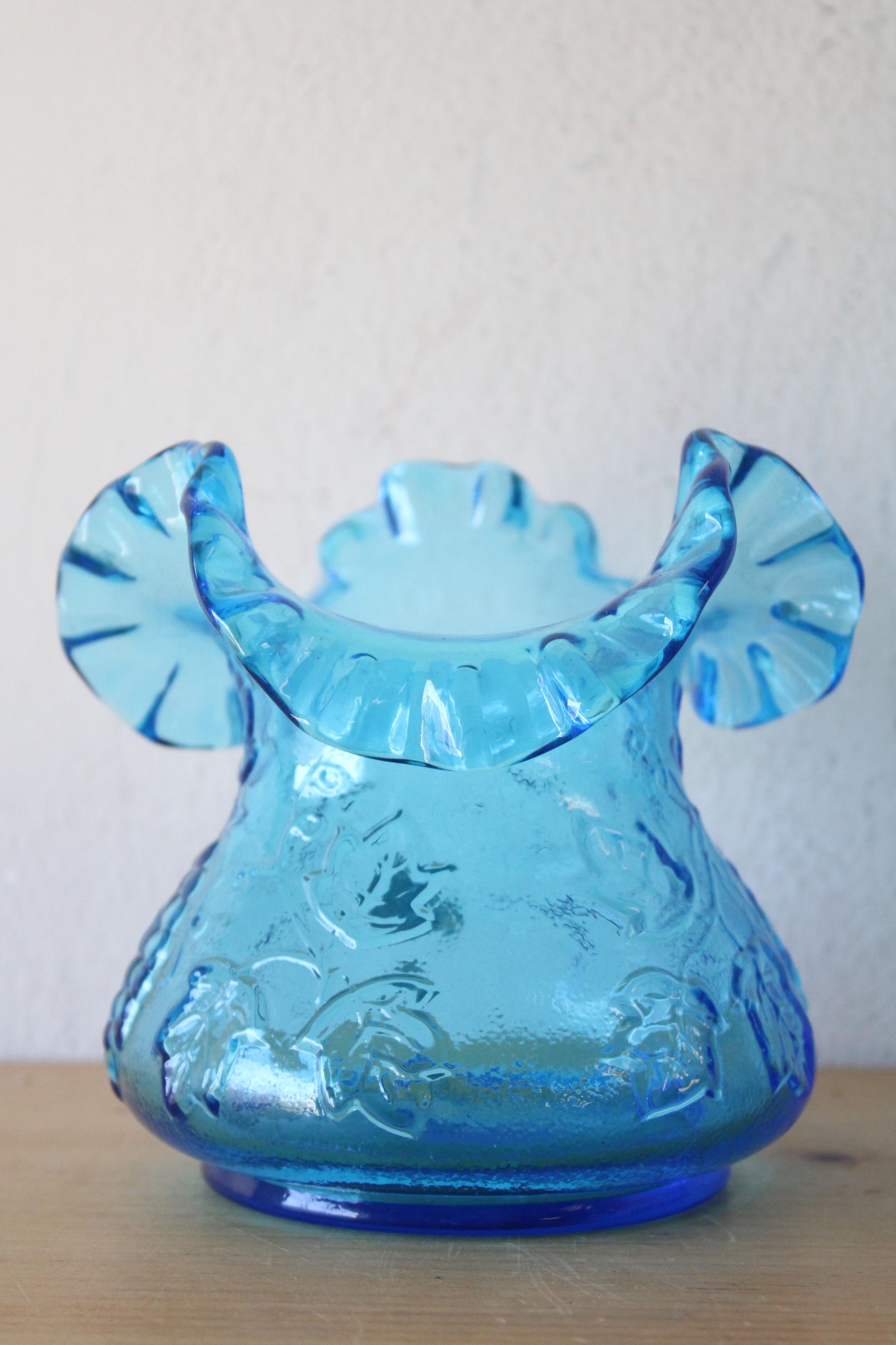 Kanawa Vintage Blue Hand Blown Glass Ruffle Rim Vase | 5"